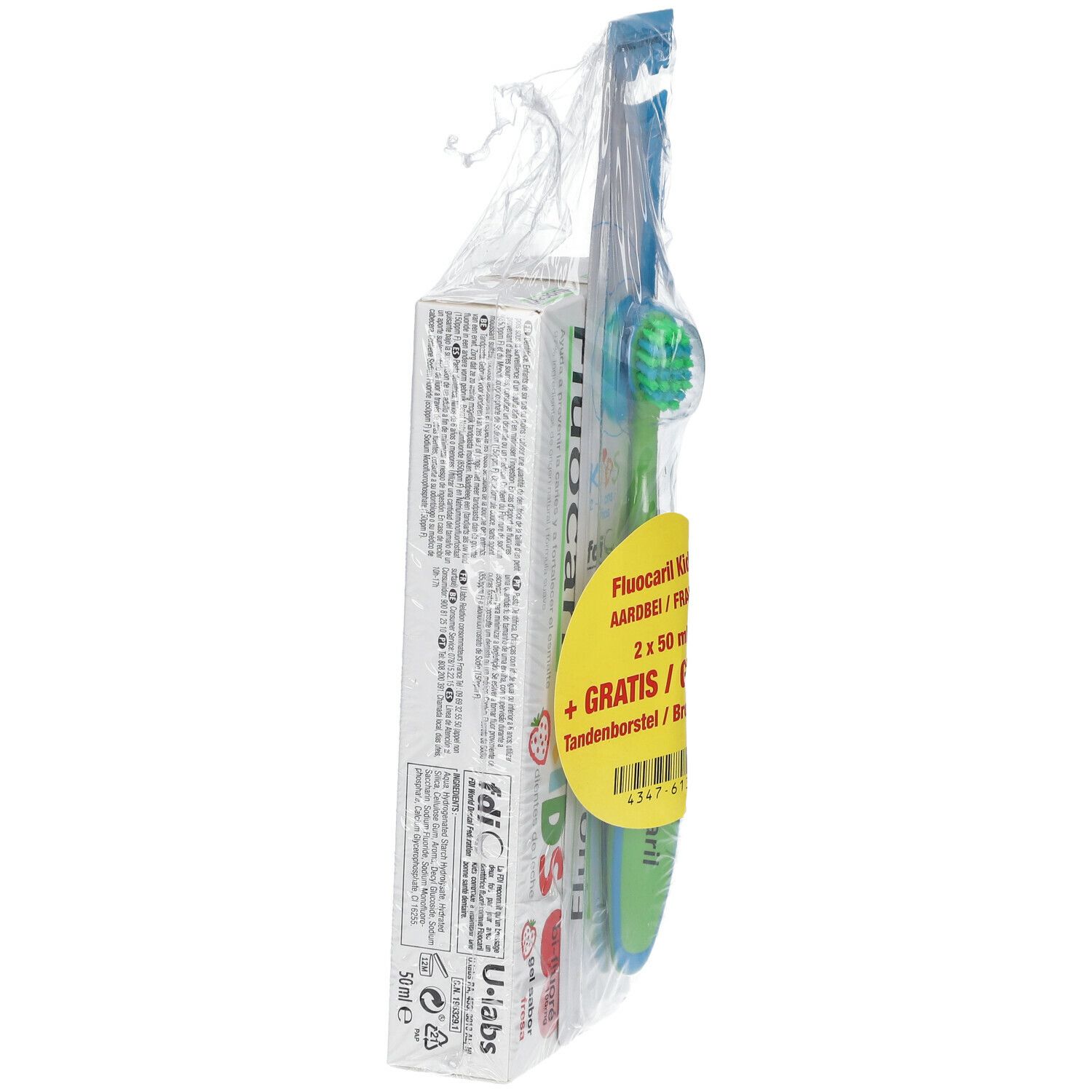 Verpakking met tandpasta en tandenborstel. Productnaam en "GRATIS" op gele sticker.