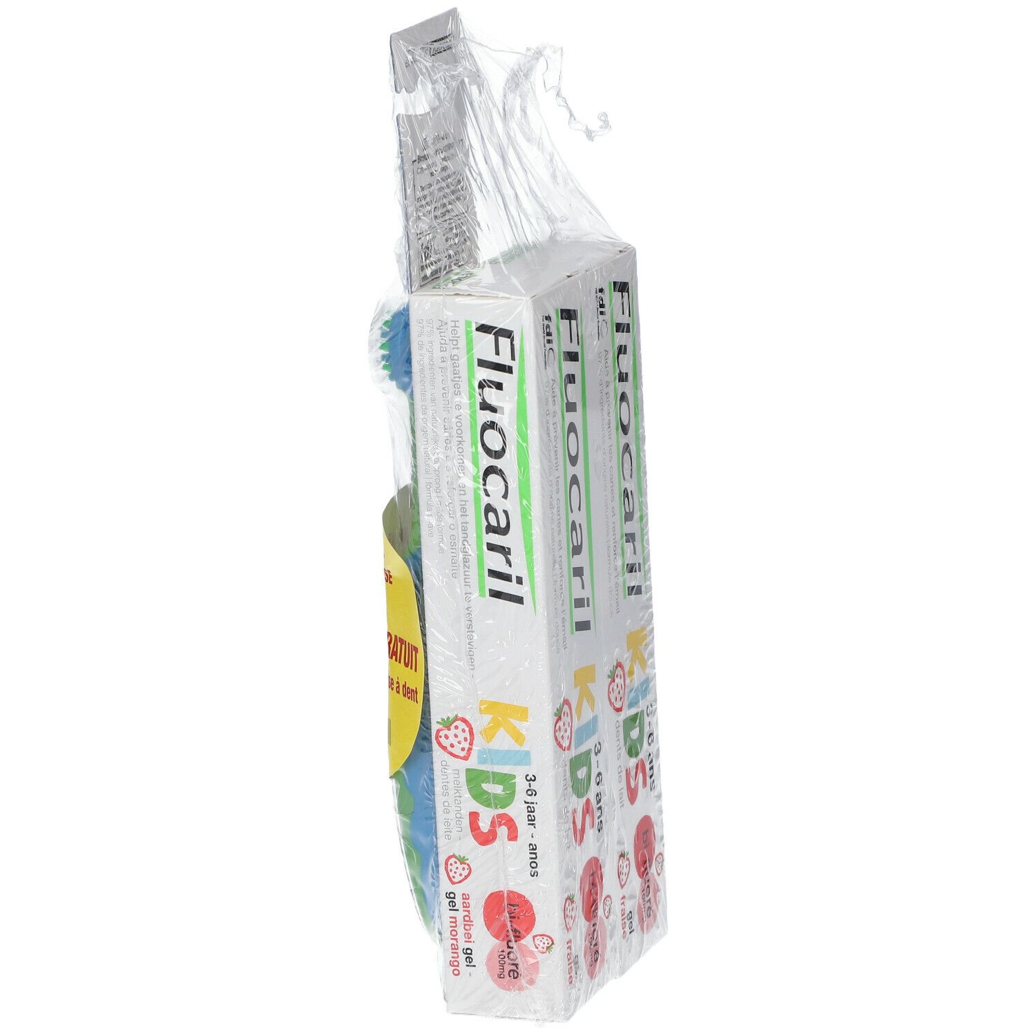Verpakking met tandpasta en tandenborstel. Productnaam op de verpakking, gele sticker.