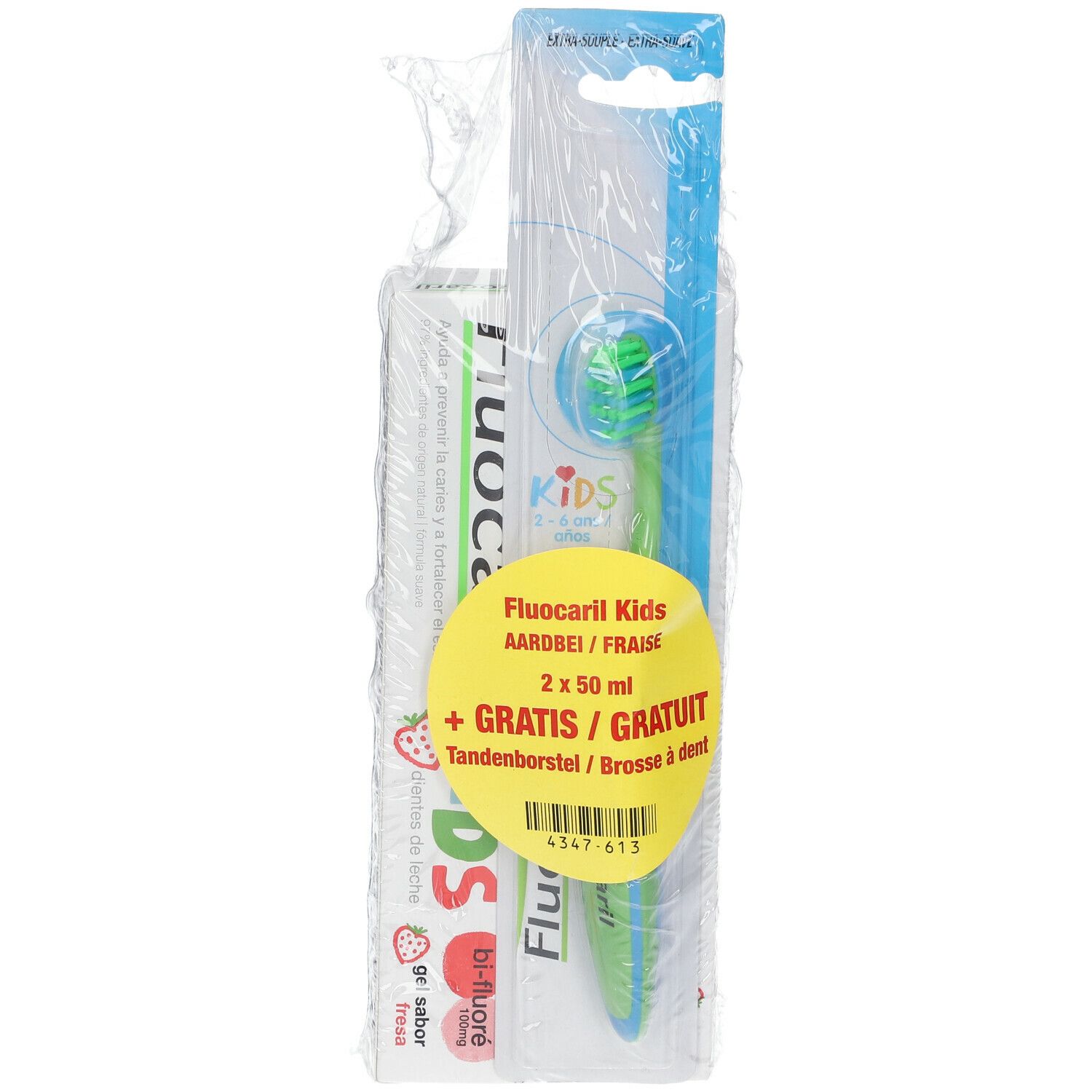 Verpakking met tandpasta en tandenborstel. Gele sticker met productnaam en "GRATIS".