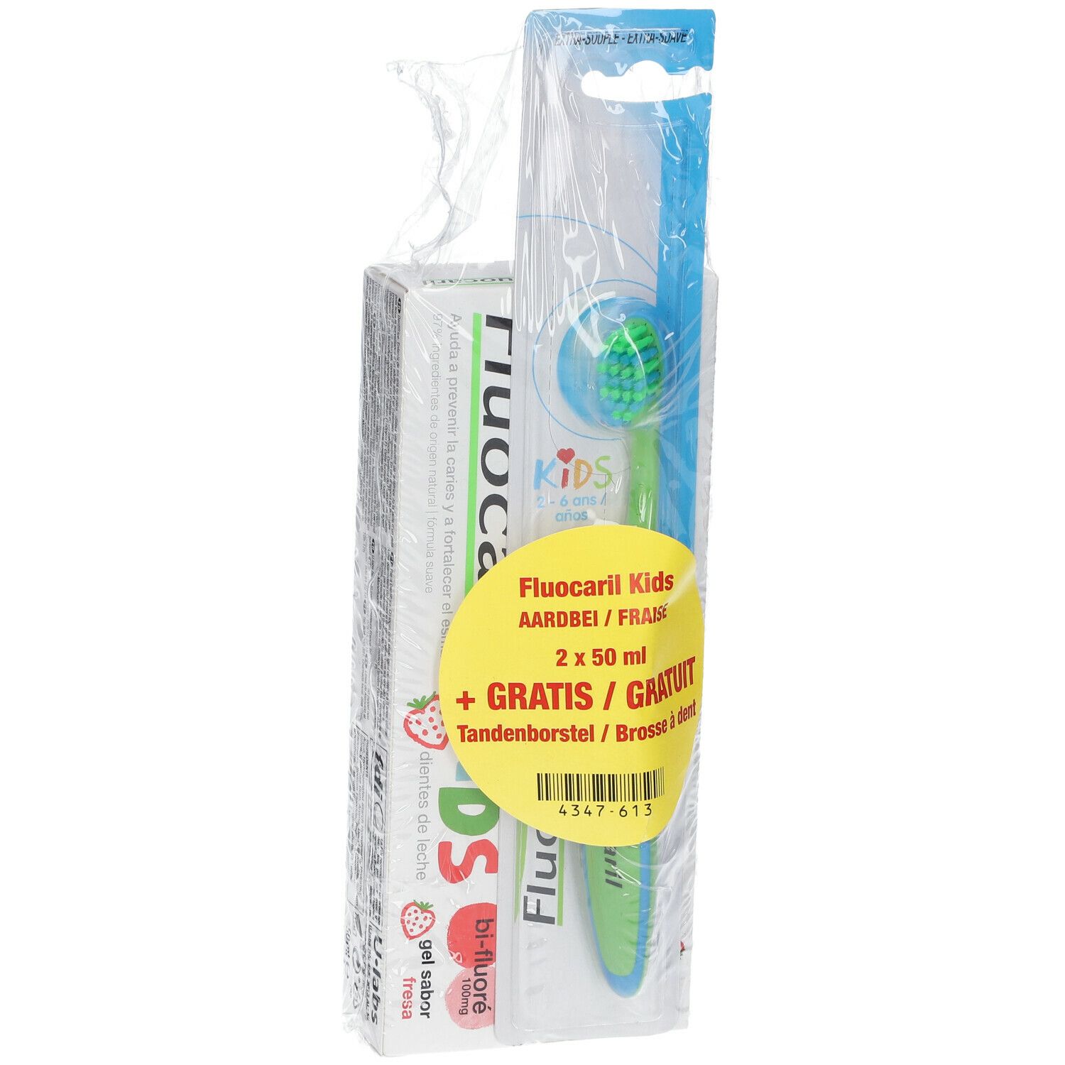 Verpakking met tandpasta en tandenborstel. Gele sticker met productnaam en "GRATIS".