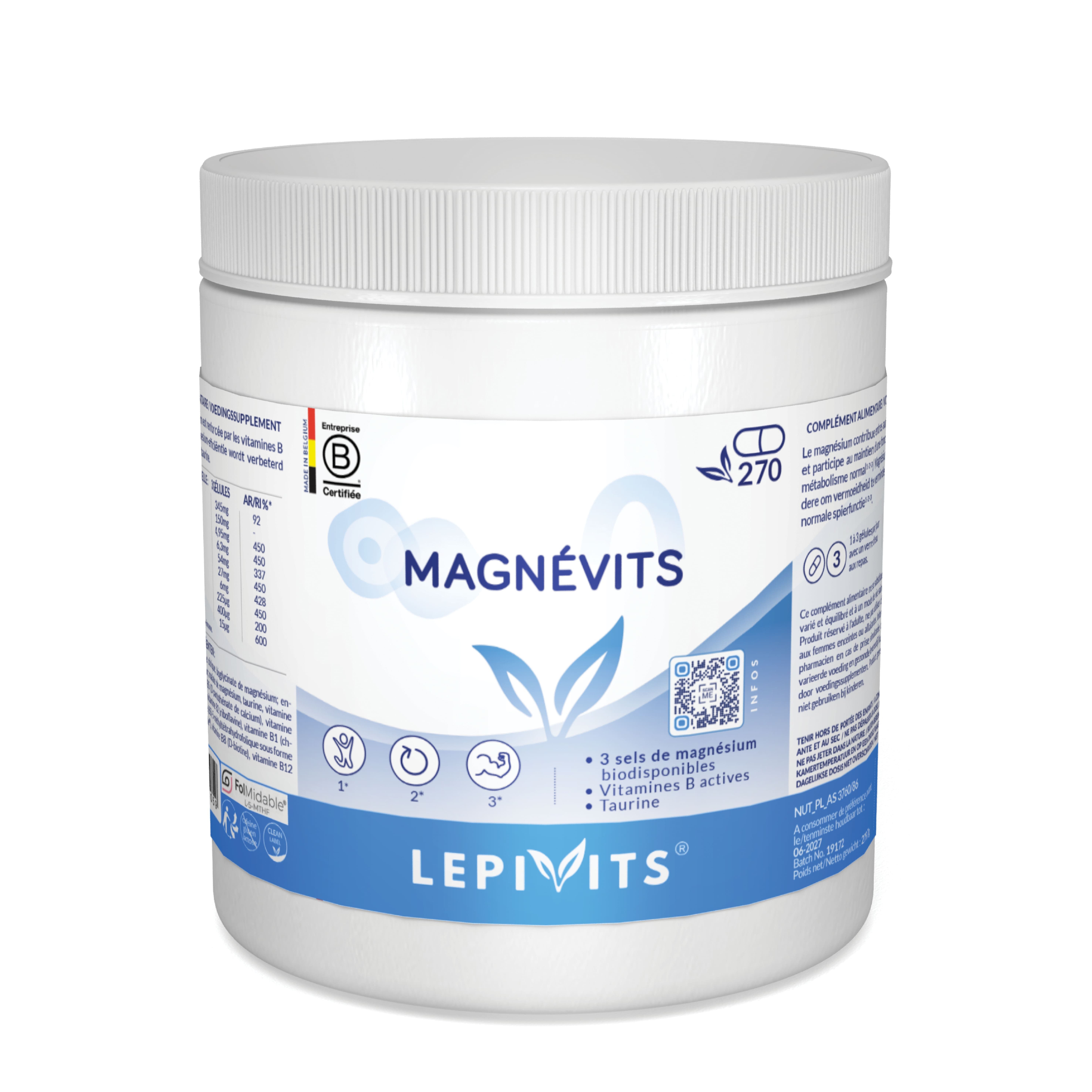 Witte pot met deksel. Opschrift: MAGNÉVITS, LEPIVITS. Bevat 270 capsules. Magnesiumzouten, B-vitamines en taurine.