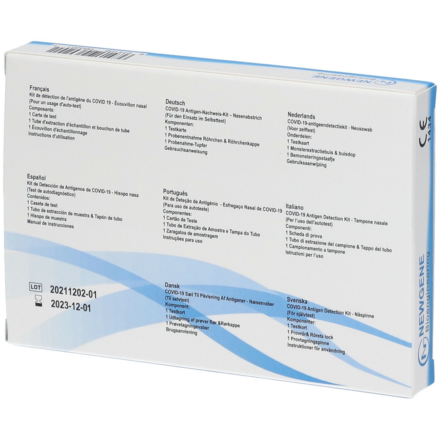 Rückseite der NEWGENE COVID-19 Antigen-Schnelltest-Verpackung. Mehrsprachige Inhaltsangaben. Enthält Testkarte, Tupfer, Anleitung.