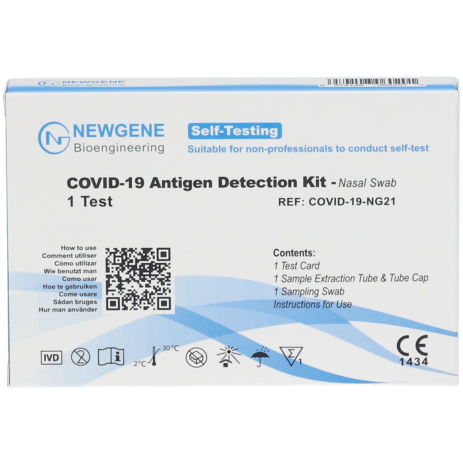 Schachtel mit NEWGENE COVID-19 Antigen-Schnelltest. Enthält Testkarte, Extraktionsröhrchen, Tupfer und Gebrauchsanweisung. CE-Kennzeichnung.