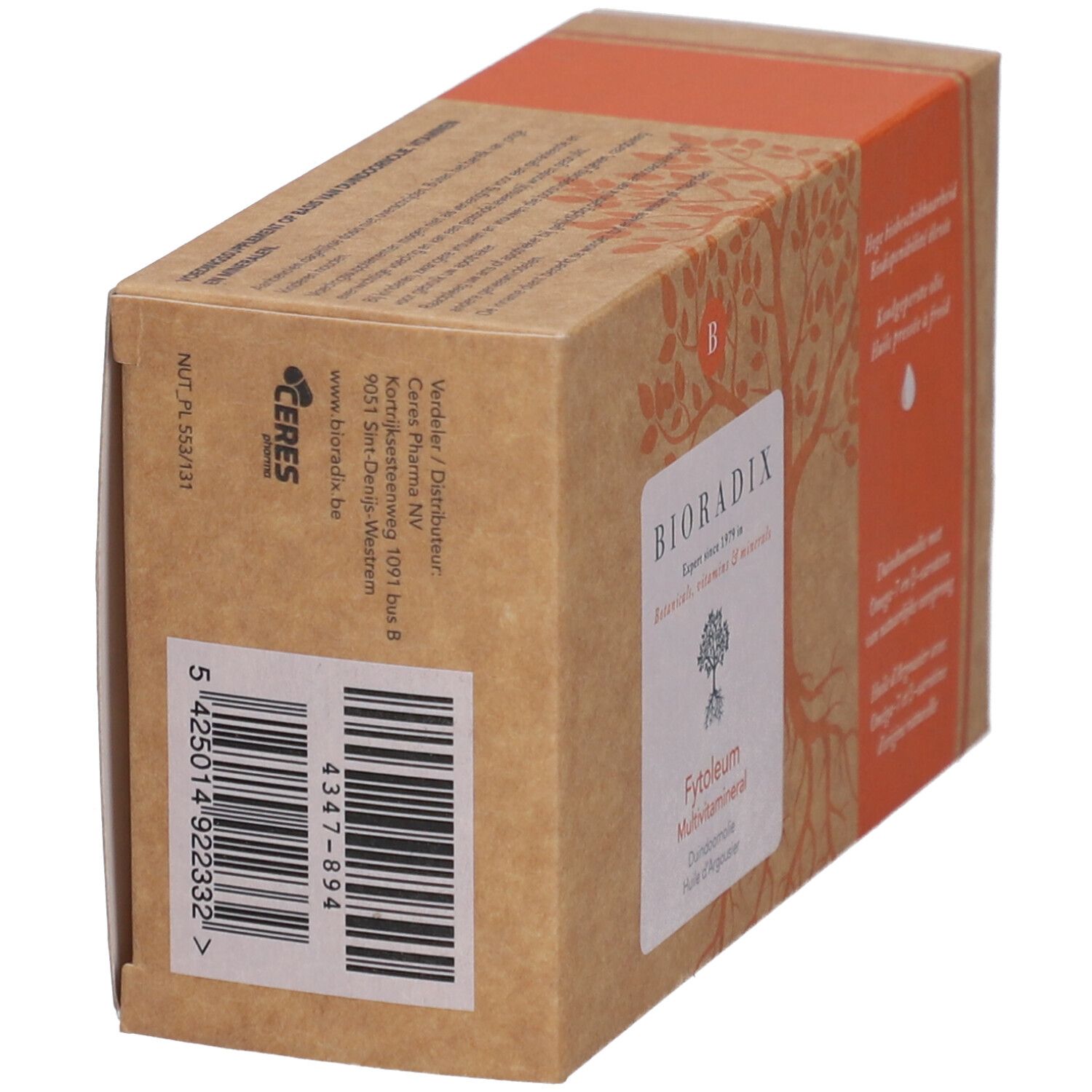 Kartonnen verpakking van Bioradix Fytoleum Multivitamineral. Barcode en adresgegevens op de zijkant. Bruine verpakking met oranje streep.