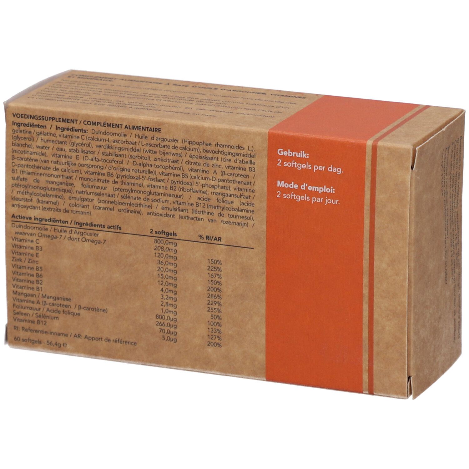 Achterkant van de kartonnen verpakking van Bioradix Fytoleum Multivitamineral. Lijst van ingrediënten en gebruiksaanwijzing. Bruine verpakking.
