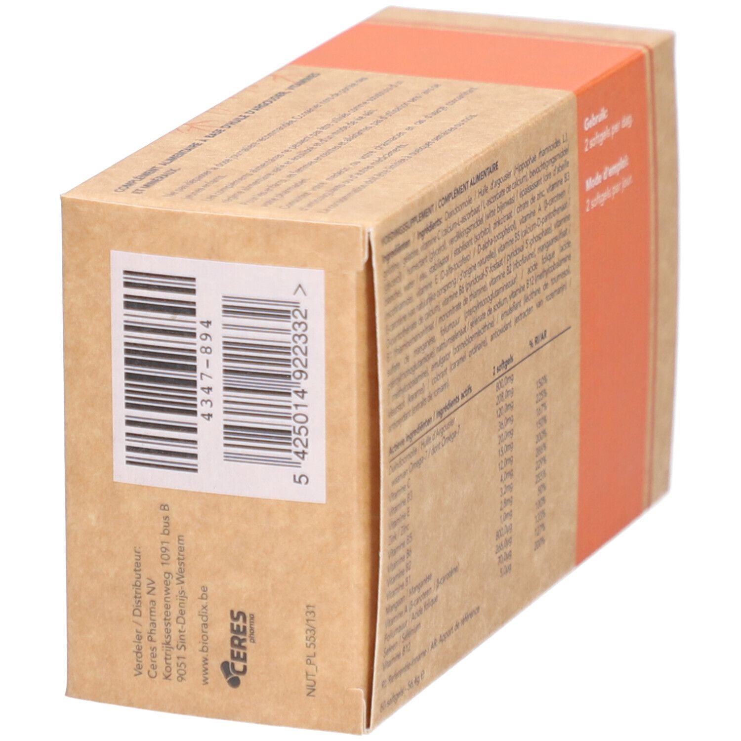 Kartonnen verpakking van Bioradix Fytoleum Multivitamineral. Barcode en ingrediëntenlijst op de zijkant. Bruine verpakking met oranje streep.