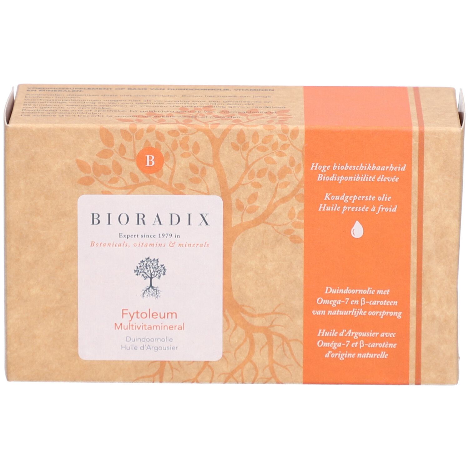 Kartonnen verpakking van Bioradix Fytoleum Multivitamineral. Opschrift: Botanicals, vitaminen & mineralen. Bruine verpakking met wit etiket en oranje streep.