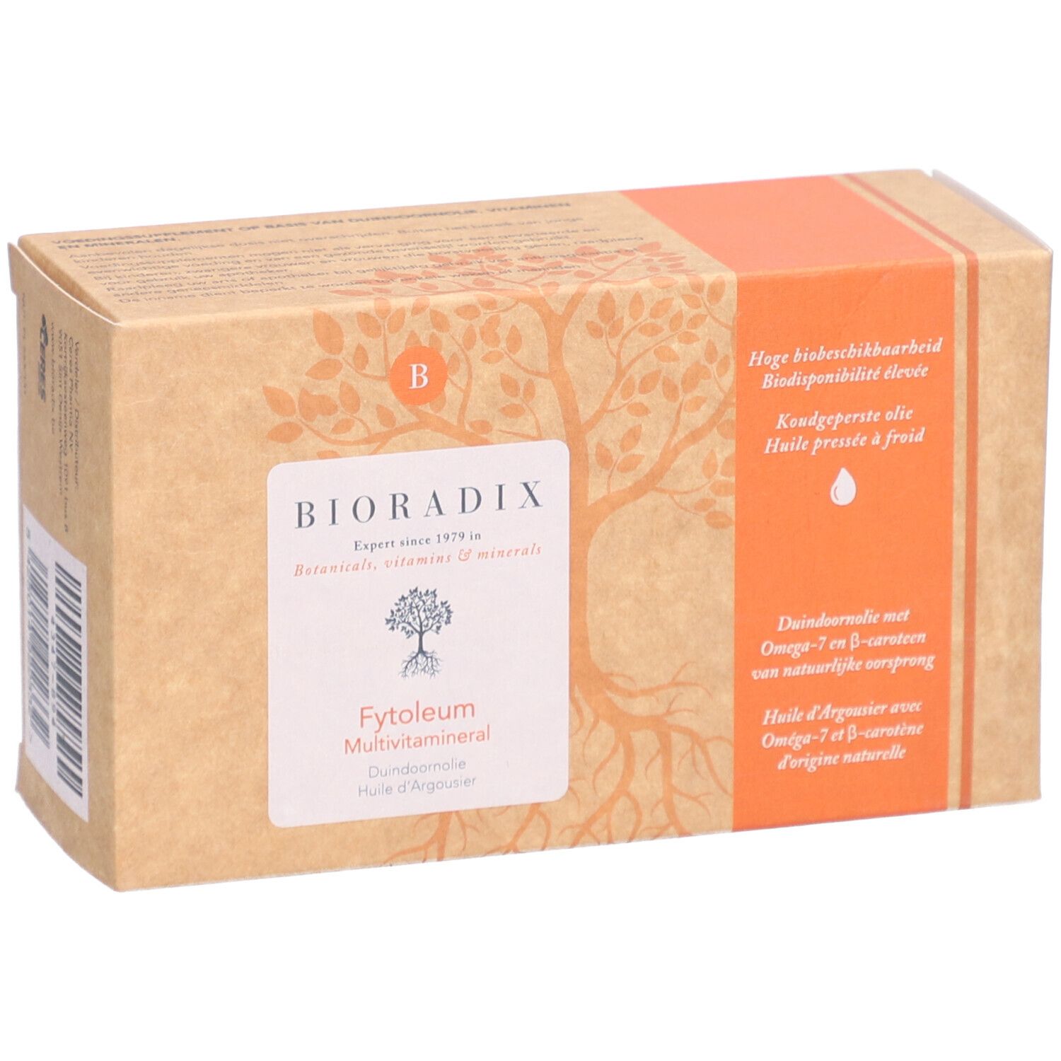 Kartonnen verpakking van Bioradix Fytoleum Multivitamineral. Opschrift: Botanicals, vitaminen & mineralen. Bruine verpakking met wit etiket en oranje streep.
