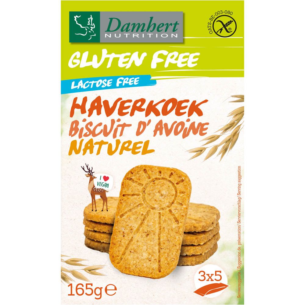 Boîte de biscuits d'avoine sans gluten. Inscription : Gluten Free, Haferkeks, 165g, 3x5. Biscuits visibles.