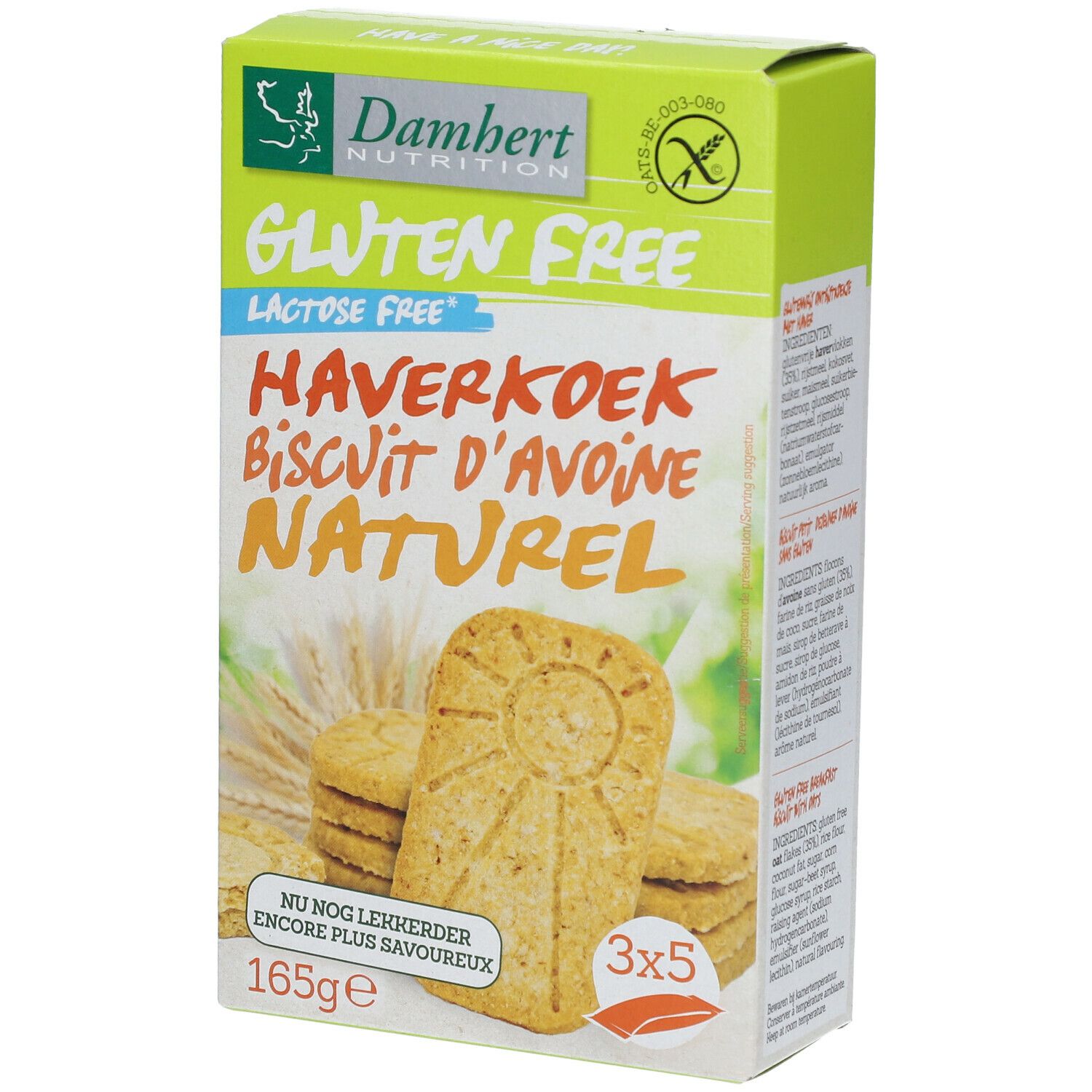 Boîte de biscuits d'avoine sans gluten. Inscription : Gluten Free, Haferkeks, 165g, 3x5. Biscuits visibles.