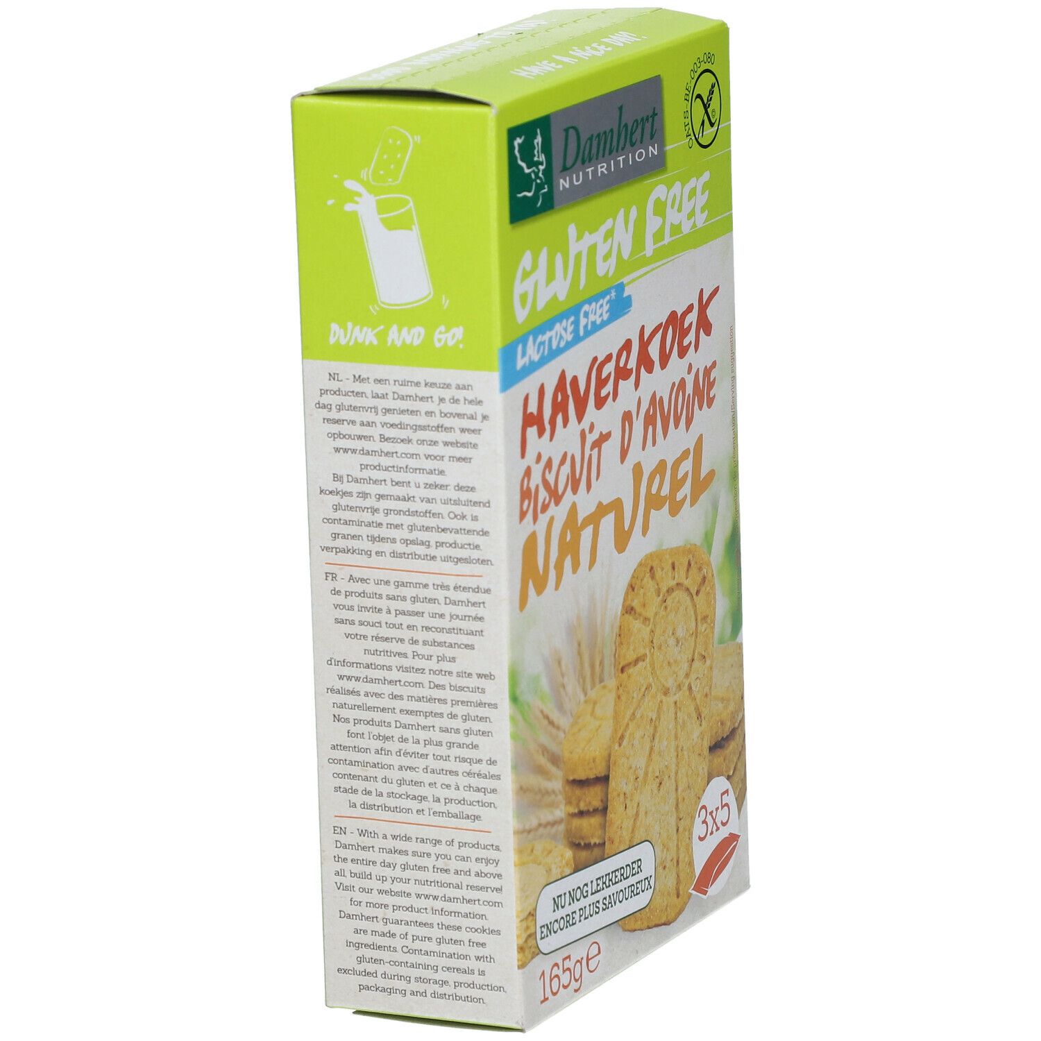 Boîte de biscuits d'avoine sans gluten. Inscription : Gluten Free, Haferkeks, 165g, 3x5. Biscuits visibles.