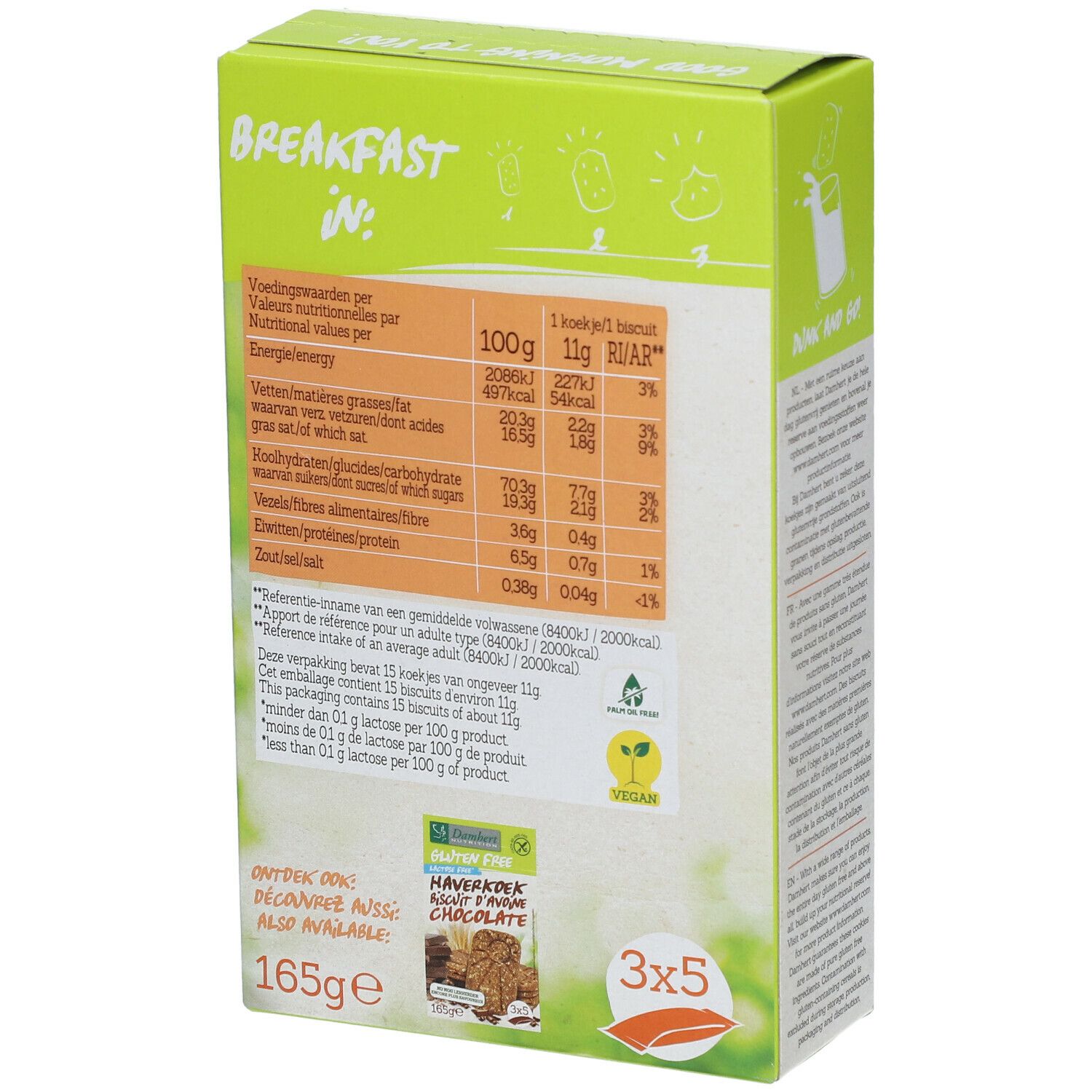 Dos de la boîte avec informations nutritionnelles pour biscuits d'avoine sans gluten. Label vegan. 165g, 3x5.