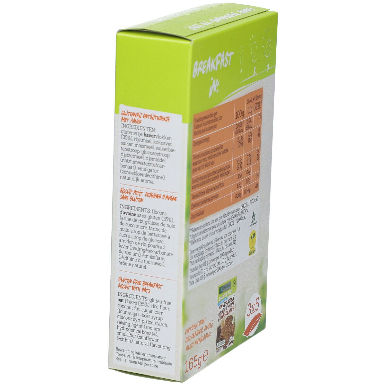 Côté de la boîte avec informations sur les biscuits d'avoine sans gluten. Liste des ingrédients. 165g, 3x5.