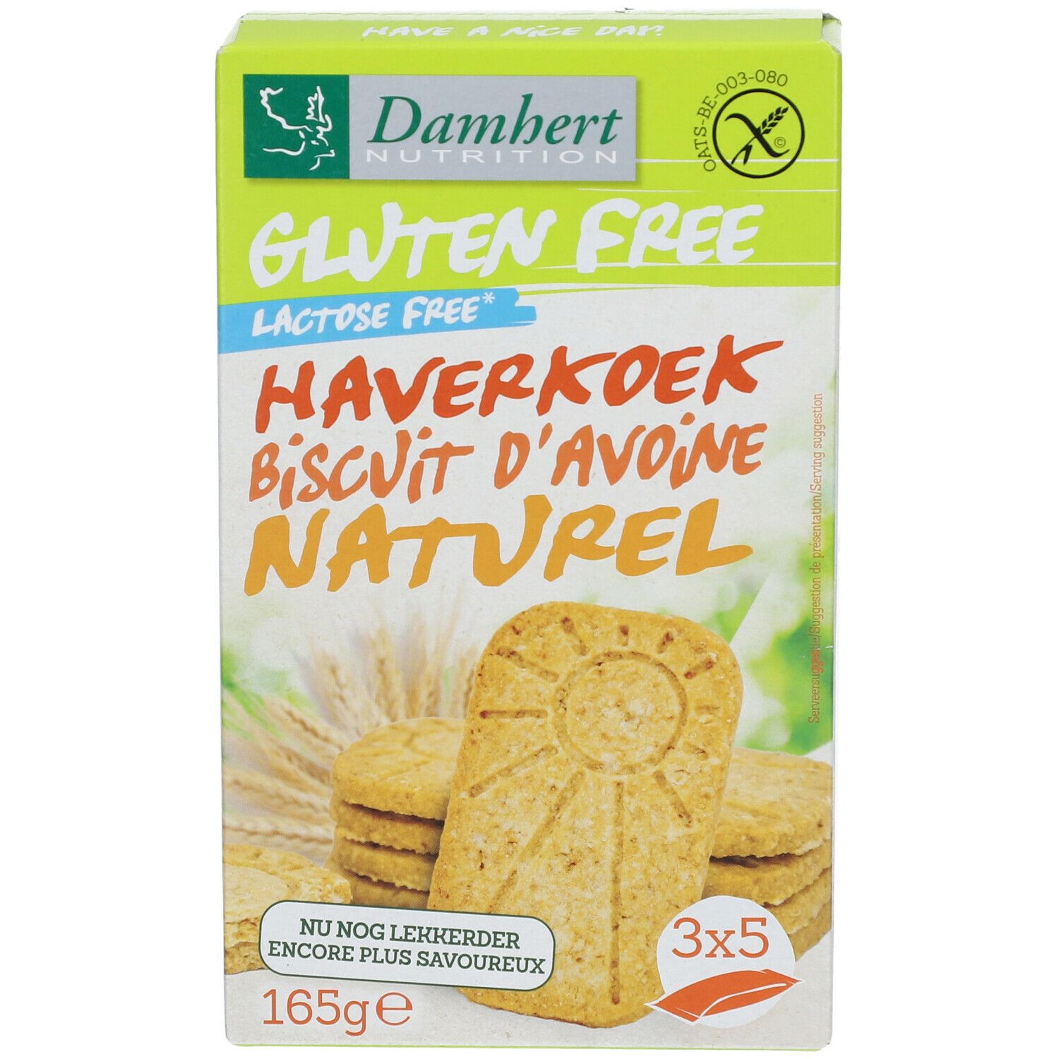 Boîte de biscuits d'avoine sans gluten. Inscription : Gluten Free, Haferkeks, 165g, 3x5. Biscuits visibles.