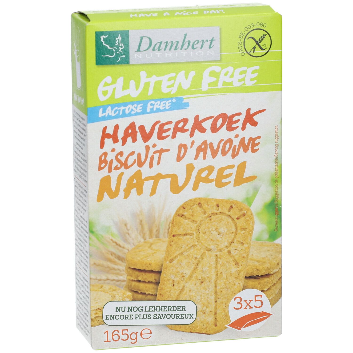 Boîte de biscuits d'avoine sans gluten. Inscription : Gluten Free, Haferkeks, 165g, 3x5. Biscuits visibles.