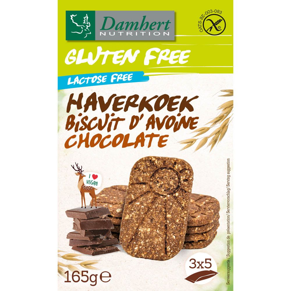 Vue de face de l'emballage Damhert Gluten Free Haferkeks Schokolade. Boîte verte et blanche avec produit et logo.