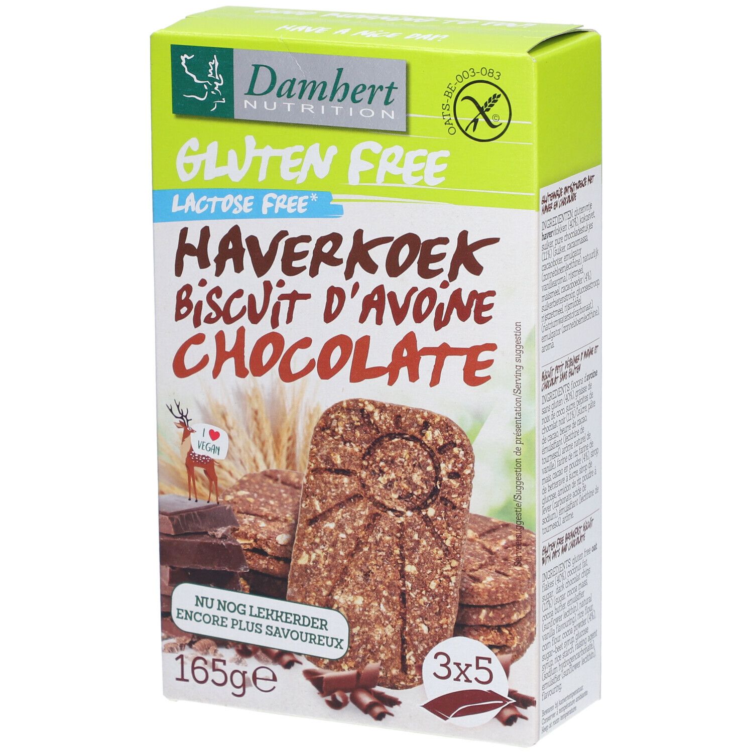 Boîte de Damhert Gluten Free Haferkeks Schokolade. Boîte verte et blanche avec nom et logo du produit. Sans gluten.