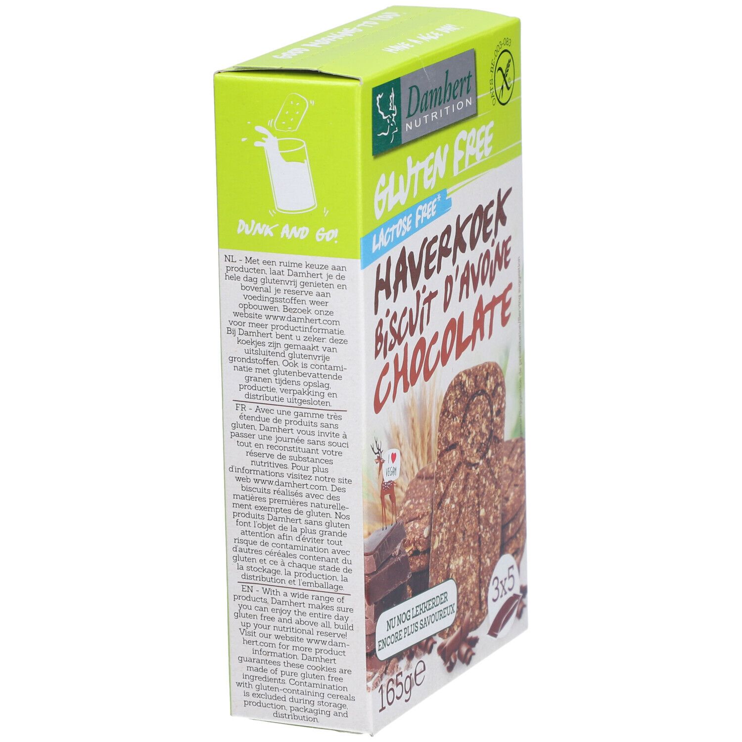 Vue latérale de l'emballage Damhert Gluten Free Haferkeks Schokolade. Boîte verte et blanche avec informations et logo.