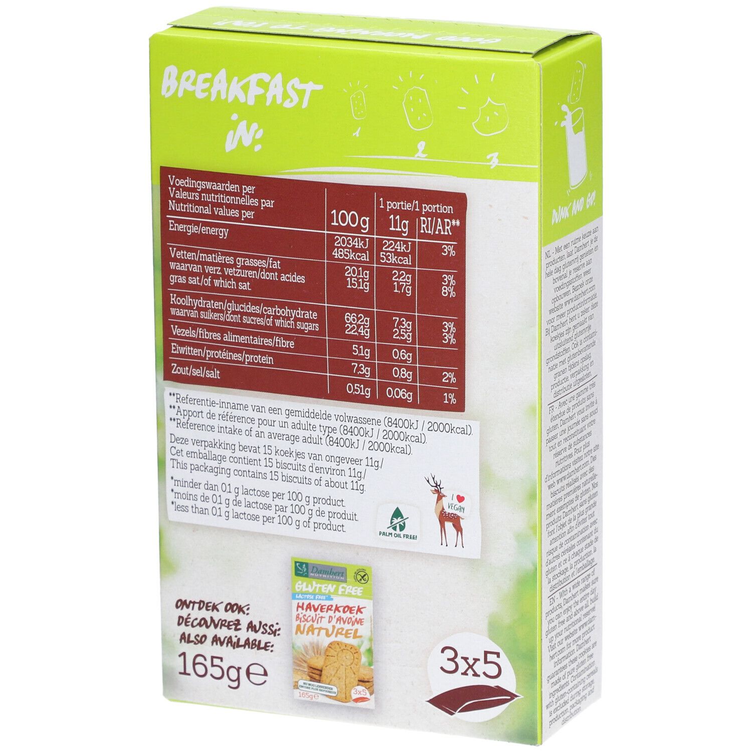 Dos de l'emballage Damhert Gluten Free Haferkeks Schokolade. Informations nutritionnelles et logo sur fond vert.