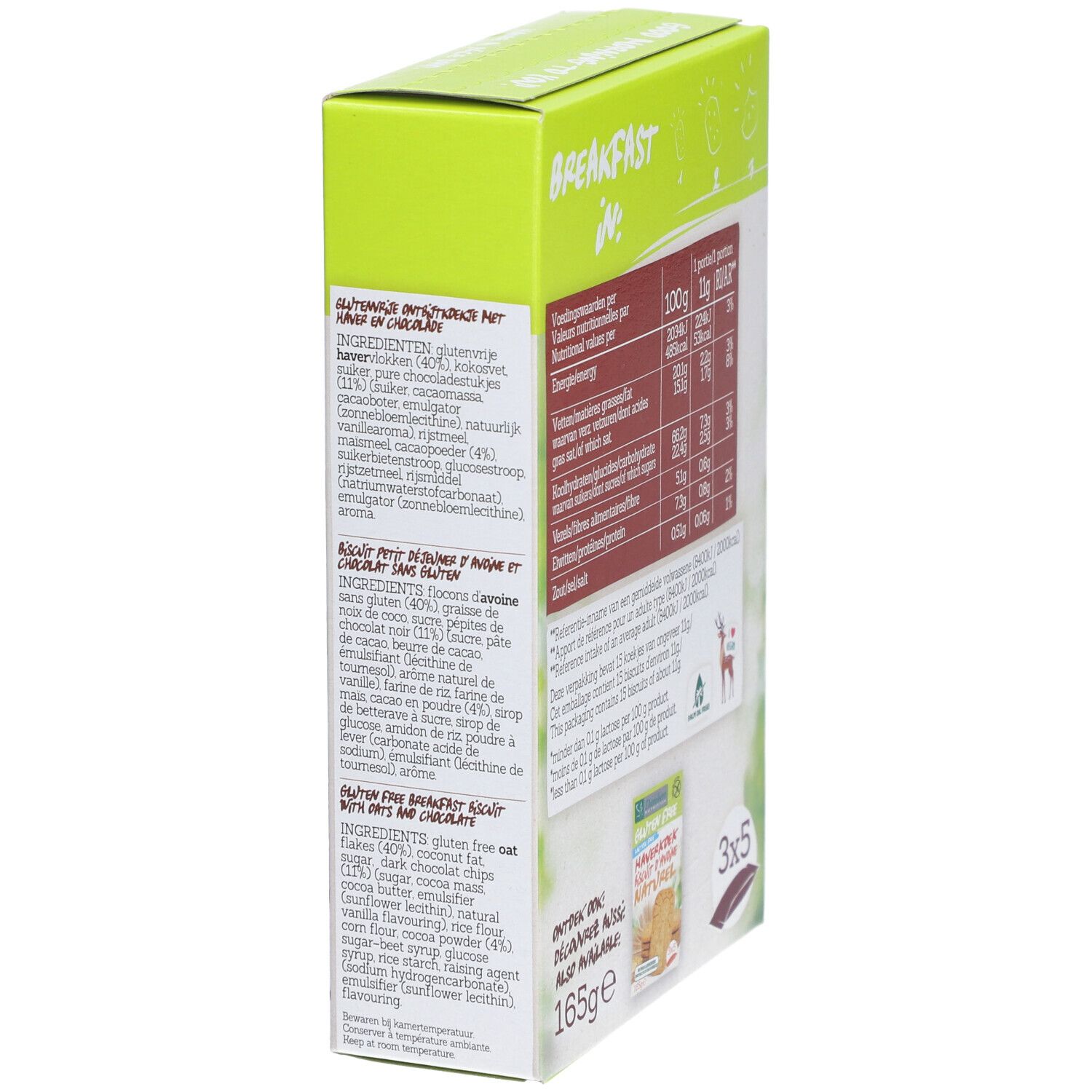 Dos de l'emballage Damhert Gluten Free Haferkeks Schokolade. Liste des ingrédients et informations nutritionnelles.