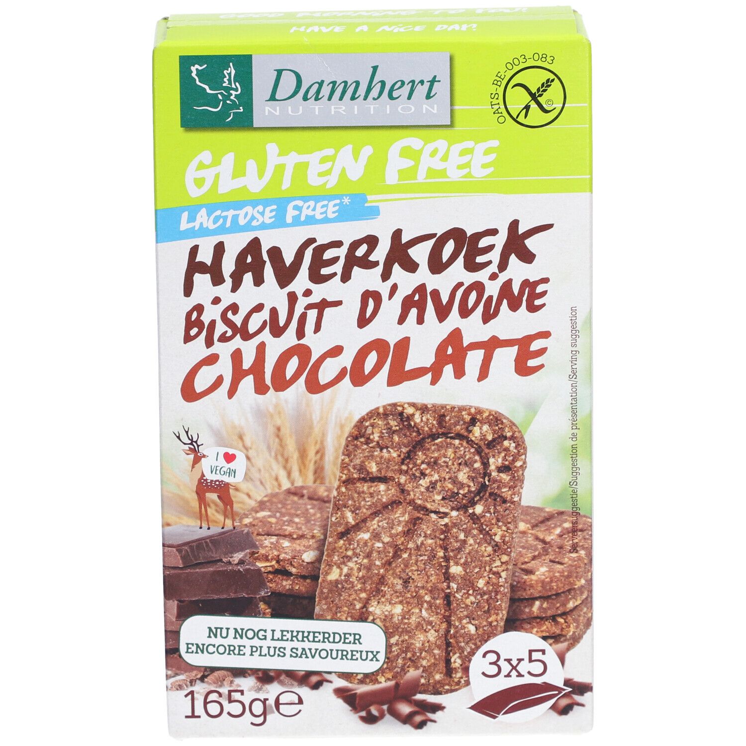 Vue de face de l'emballage Damhert Gluten Free Haferkeks Schokolade. Boîte verte et blanche avec produit et logo.