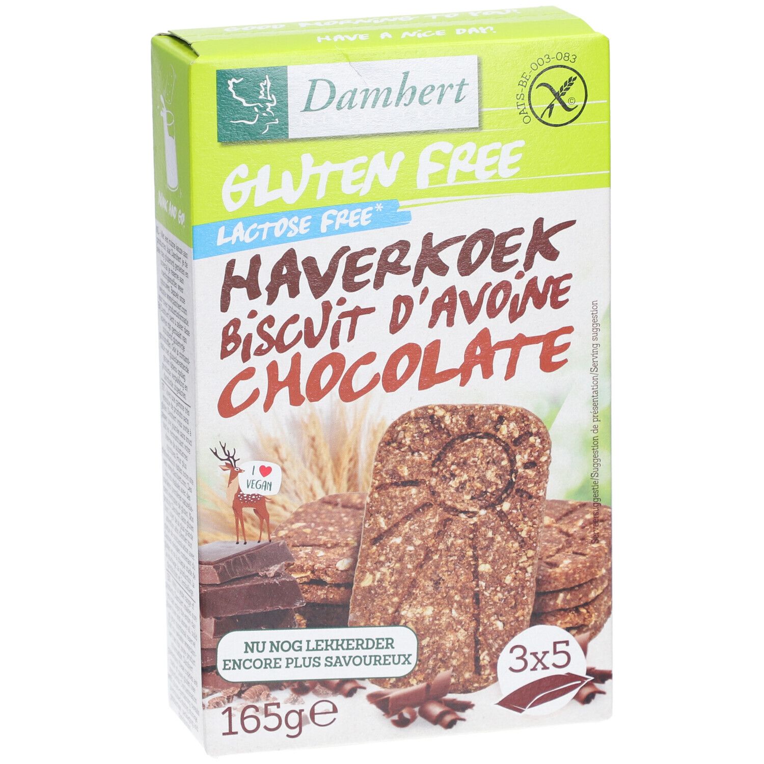 Vue de face de l'emballage Damhert Gluten Free Haferkeks Schokolade. Boîte verte et blanche avec produit et logo.