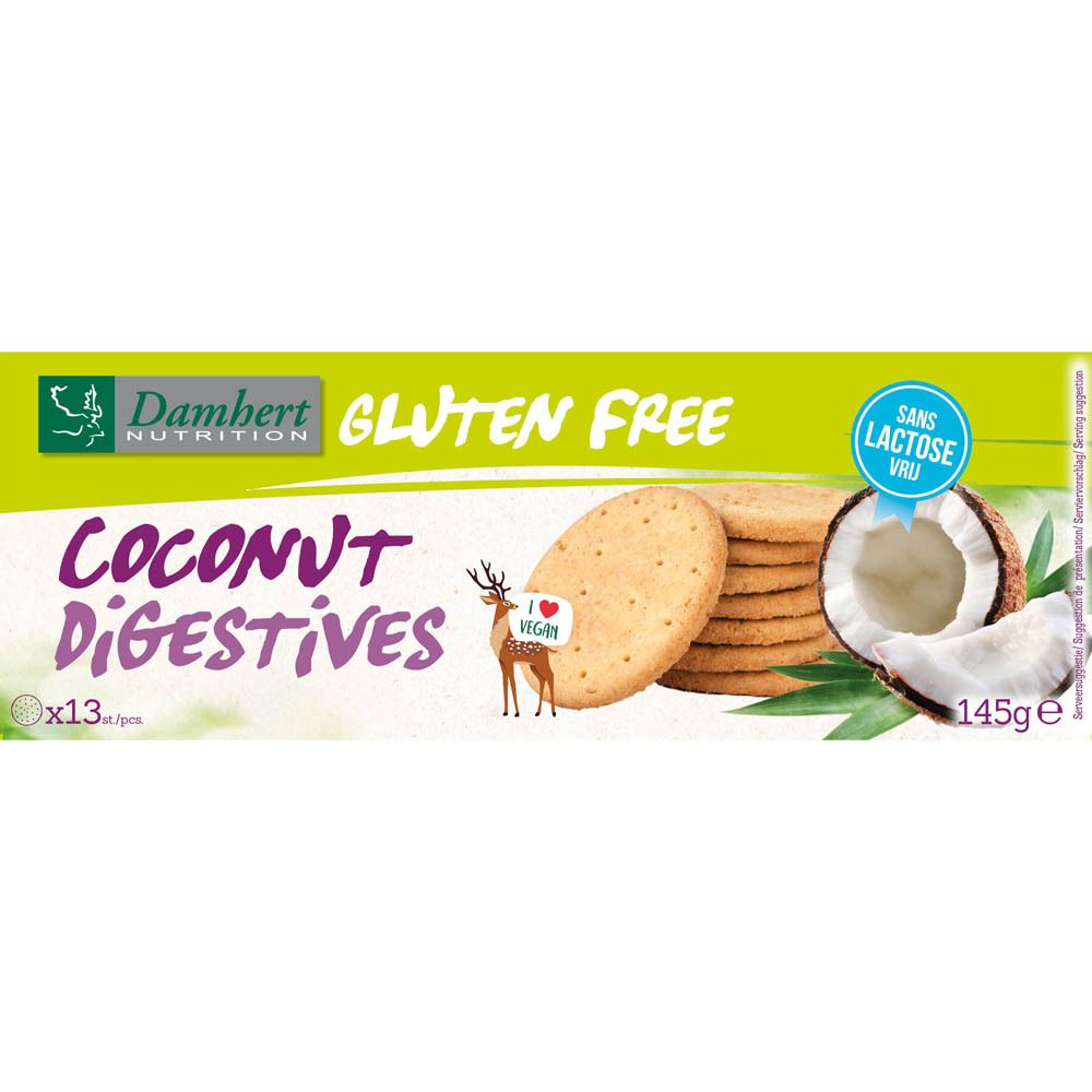 Verpakking Damhert glutenvrije en lactosevrije kokoskoekjes. Koekjes, kokosnoot, glutenvrij symbool en I love Vegan.
