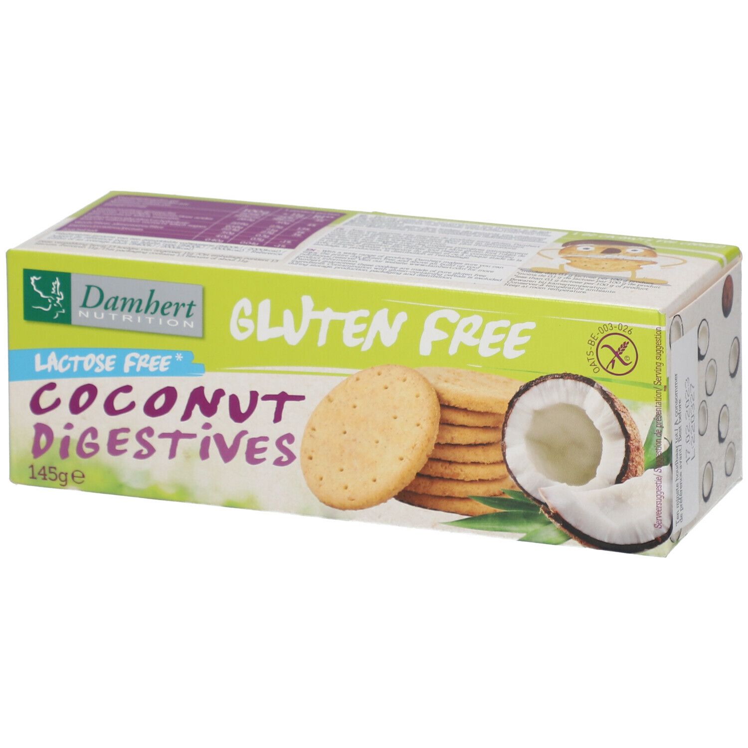 Verpakking Damhert glutenvrije en lactosevrije kokoskoekjes. Kokosnoot en koekjes afgebeeld. Glutenvrij symbool.