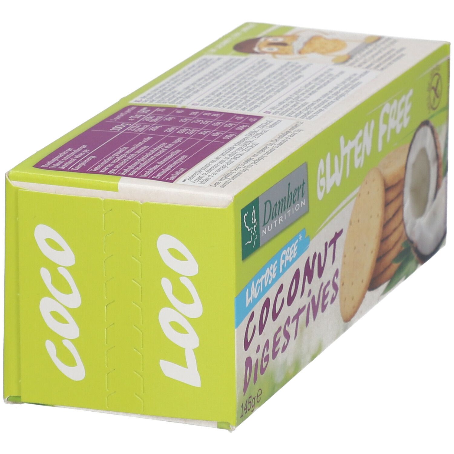 Schuine weergave van de verpakking Damhert glutenvrije en lactosevrije kokoskoekjes. Tekst: Gluten Free, Coconut Digestives.