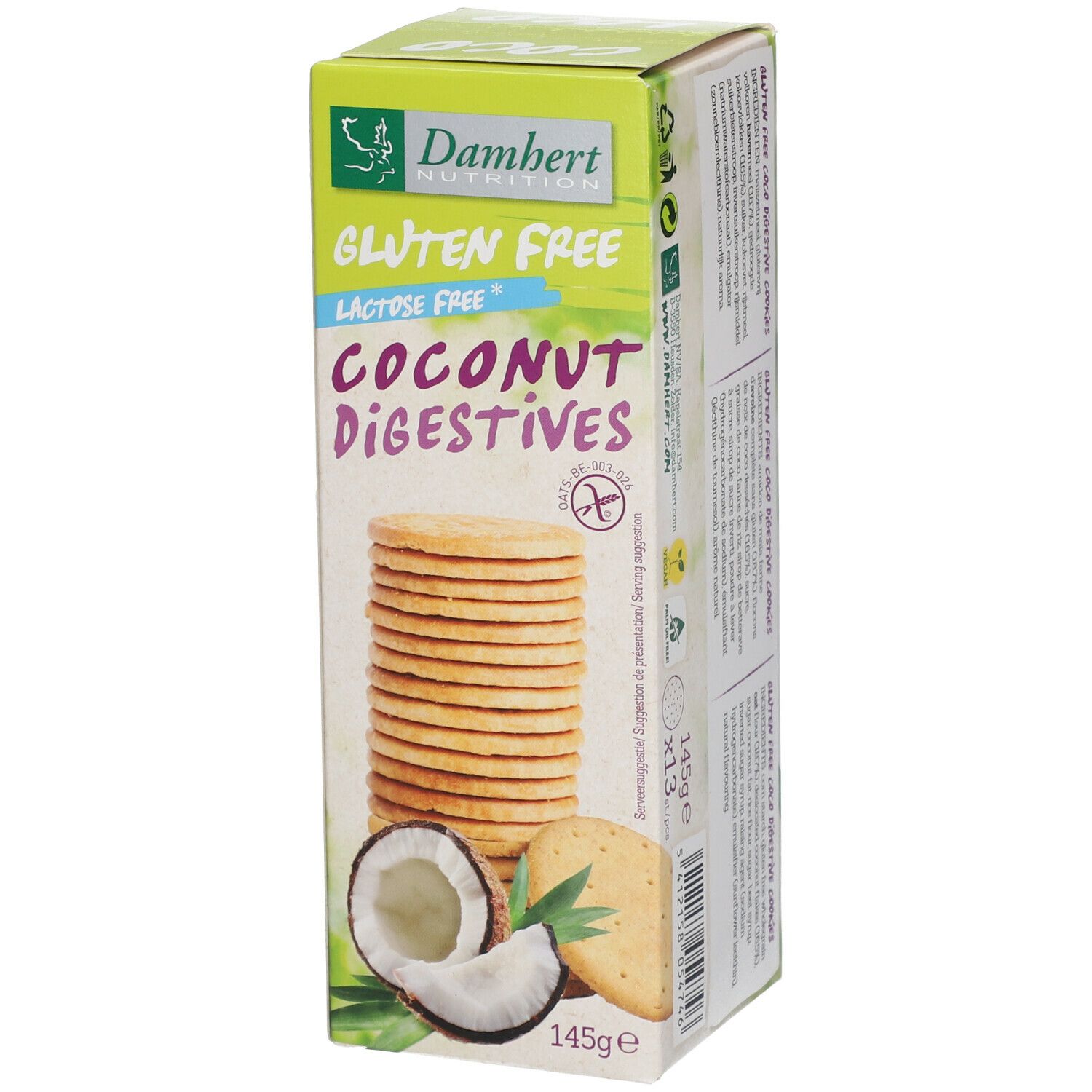 Verpakking Damhert glutenvrije en lactosevrije kokoskoekjes. Koekjes, kokosnoot en glutenvrij symbool. 145g.