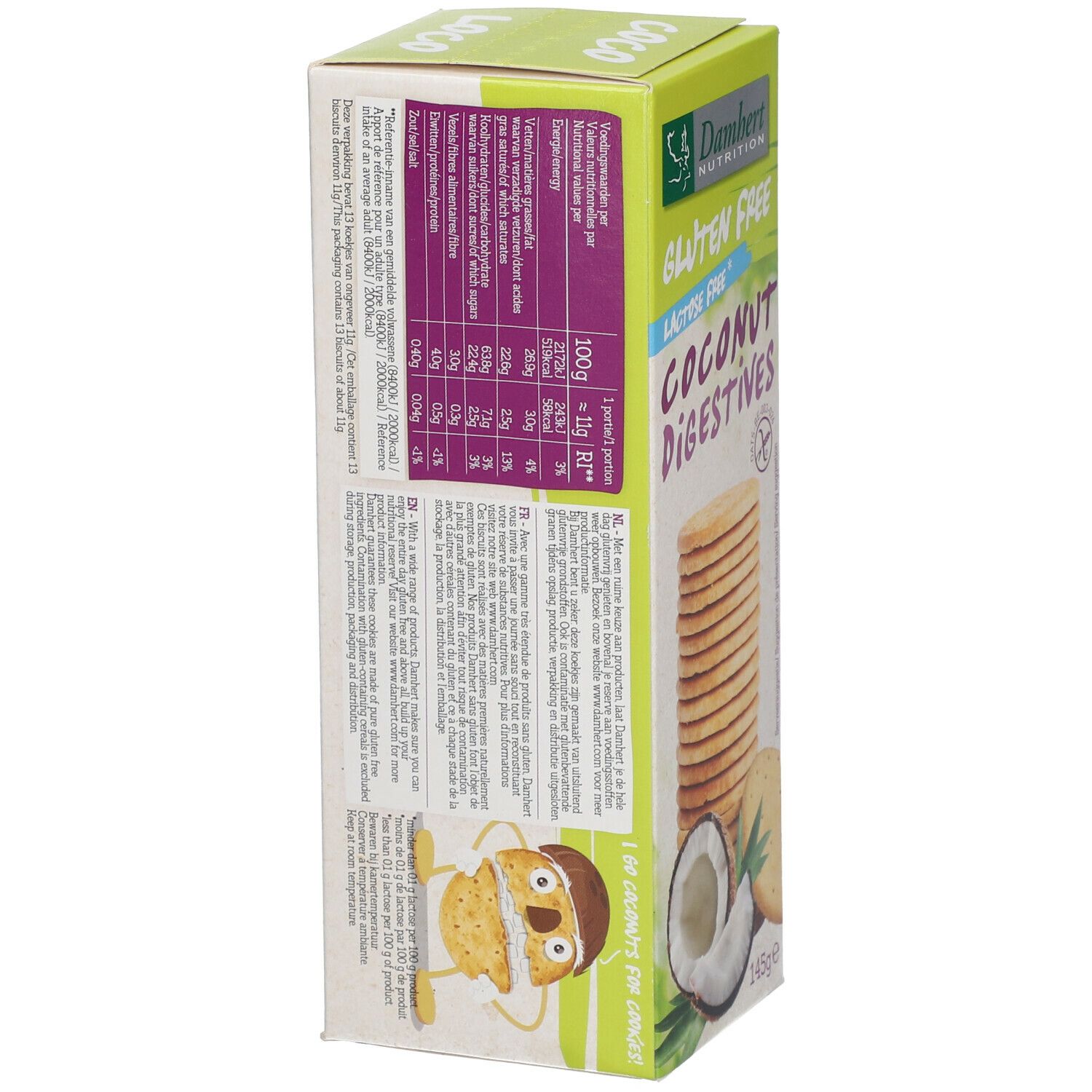 Achterkant van de verpakking Damhert glutenvrije en lactosevrije kokoskoekjes. Voedingswaarde en productinformatie.