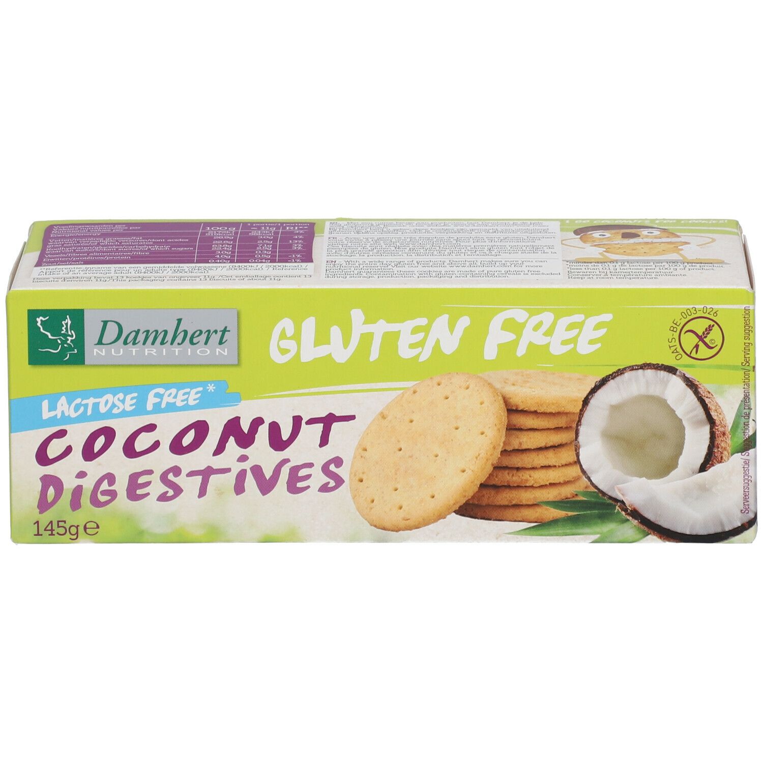 Verpakking Damhert glutenvrije en lactosevrije kokoskoekjes. Koekjes, kokosnoot en glutenvrij symbool. 145g.