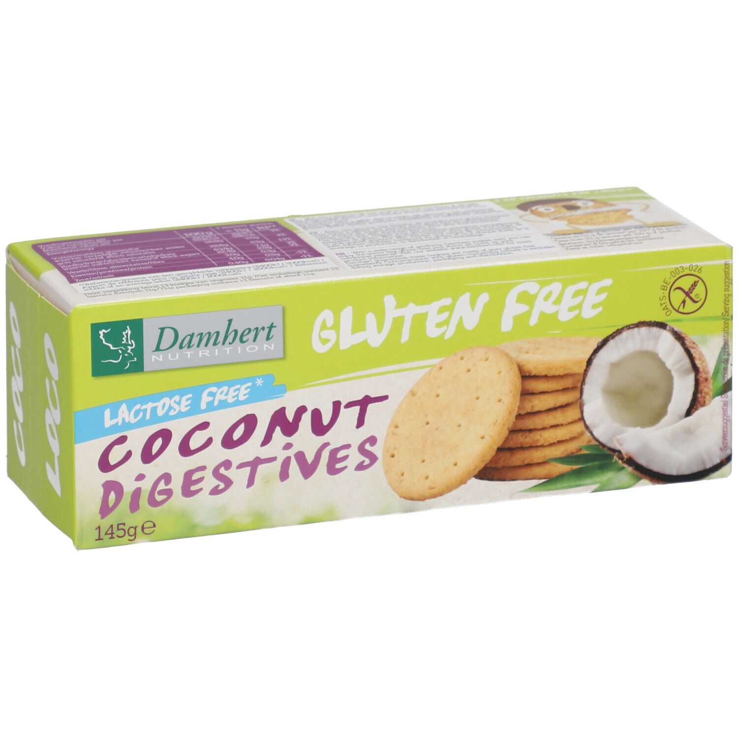Verpakking Damhert glutenvrije en lactosevrije kokoskoekjes. Koekjes, kokosnoot en glutenvrij symbool. 145g.