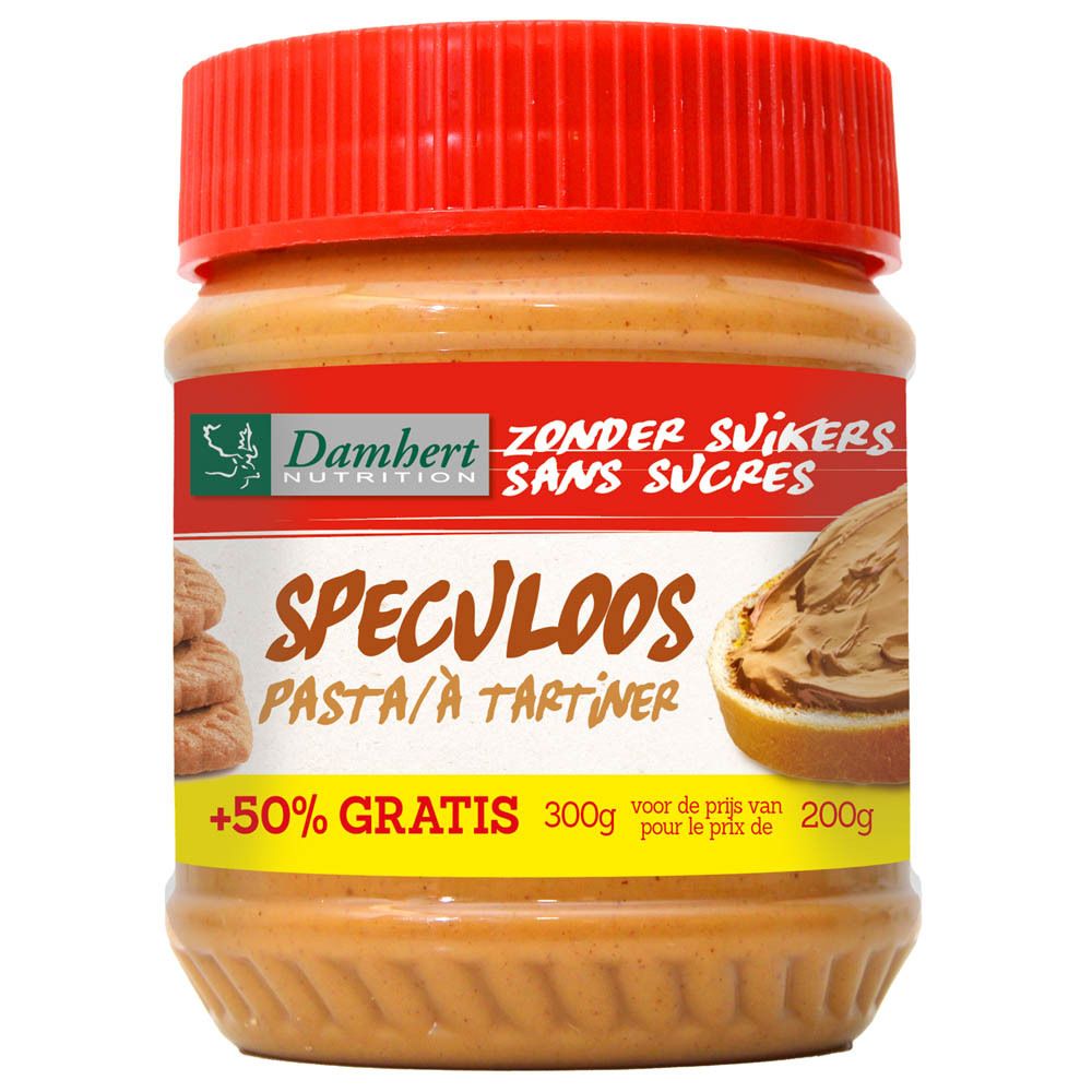 Glas mit Spekulatiusaufstrich. Roter Deckel, Etikett mit Produktname, Logo und Aufschrift "Zonder Suikers".
