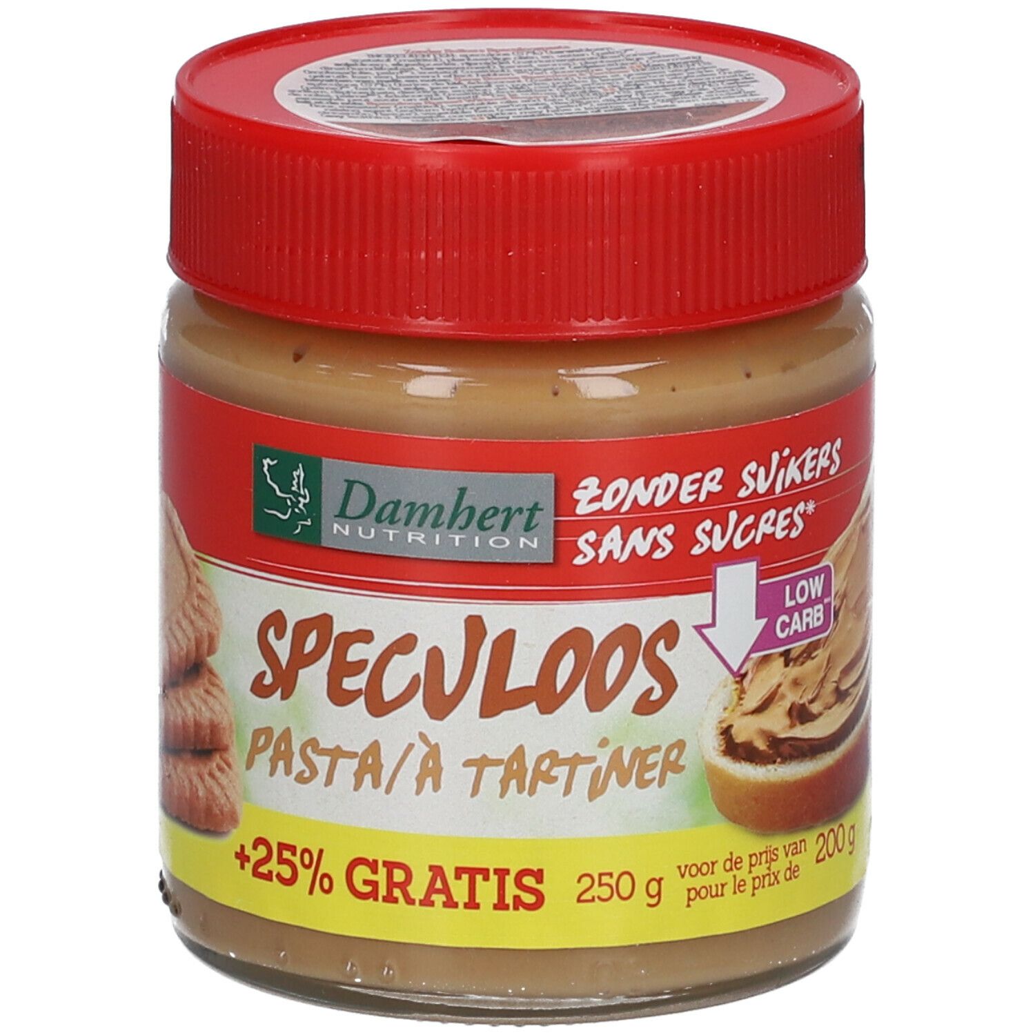 Glas mit Spekulatiusaufstrich. Roter Deckel, Etikett mit Produktname, Logo und Aufschrift "Zonder Suikers".