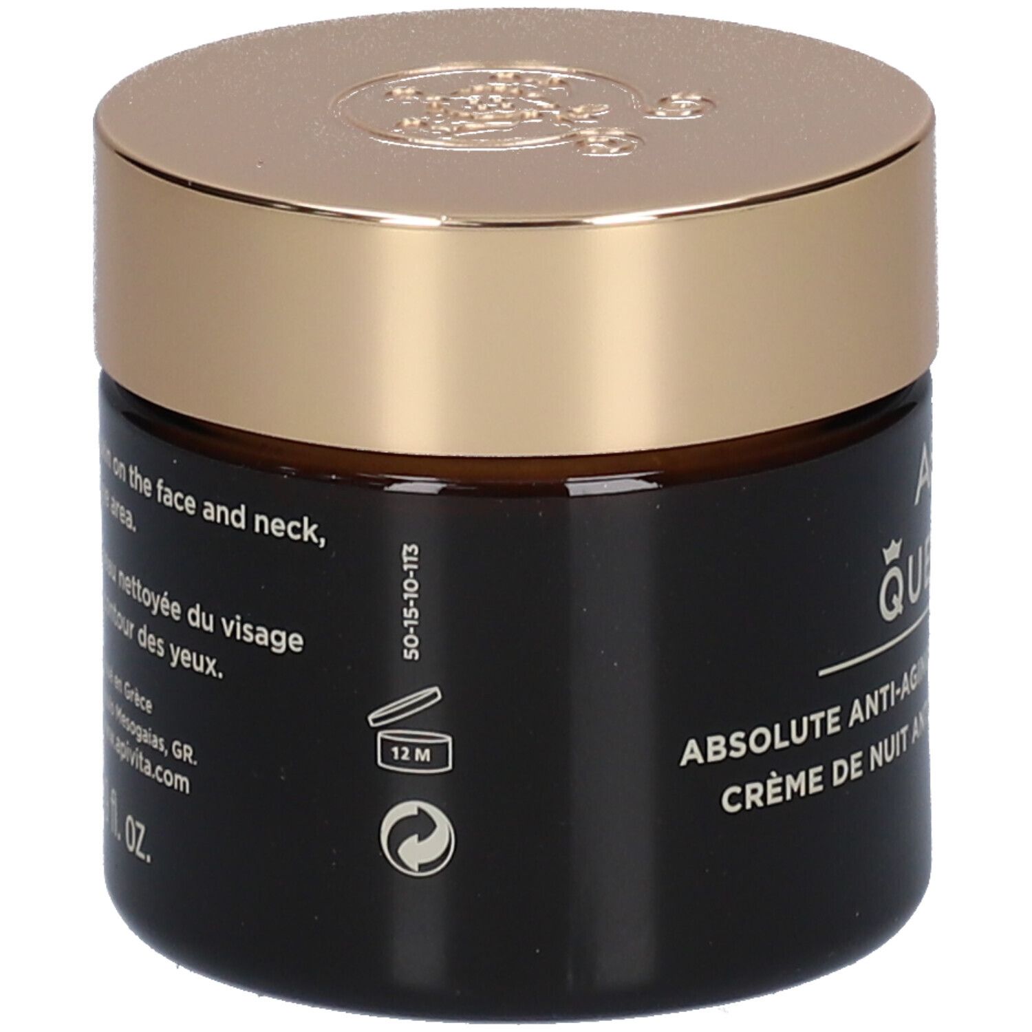 Dunkle Creme-Dose mit goldenem Deckel. Text: Anwendung auf Gesicht und Hals. 12M-Symbol.