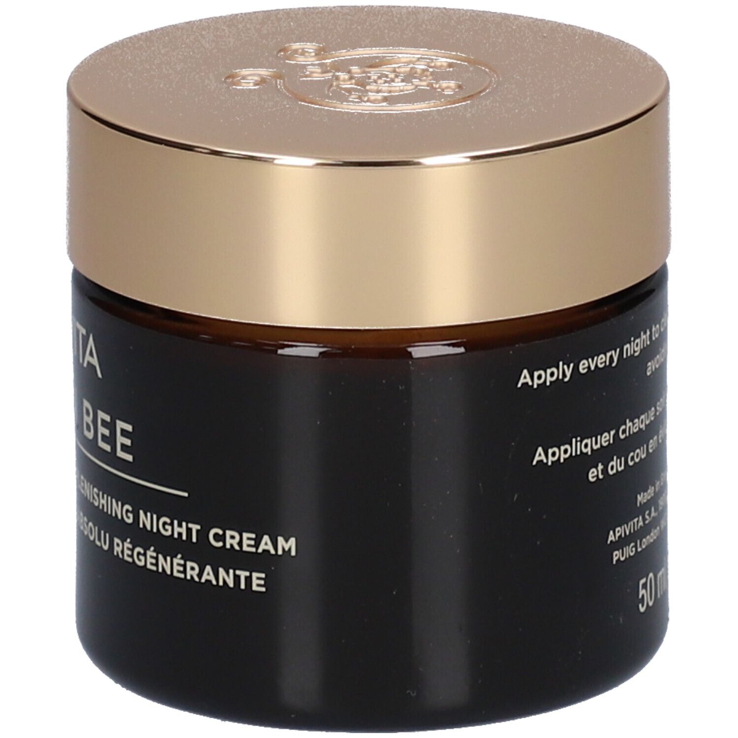 Dunkle Creme-Dose mit goldenem Deckel. Aufschrift: APIVITA QUEEN BEE. Anti-Aging Nachtcreme. 50 ml.