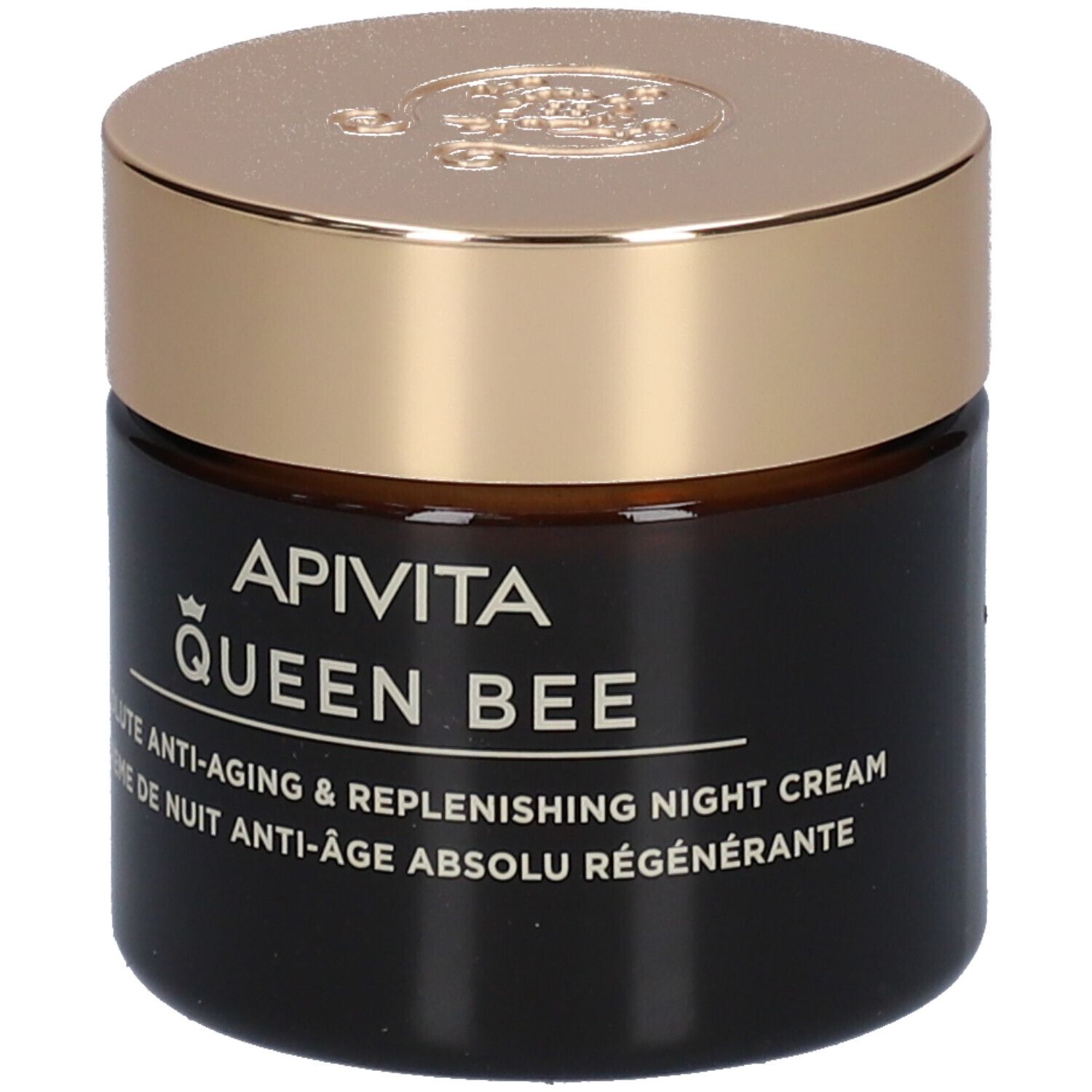 Dunkle Creme-Dose mit goldenem Deckel. Aufschrift: APIVITA QUEEN BEE. Anti-Aging Nachtcreme.