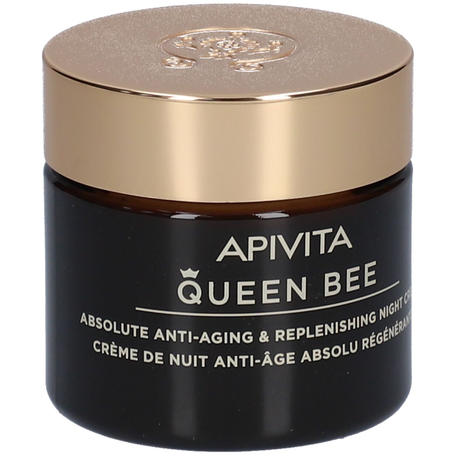 Dunkle Creme-Dose mit goldenem Deckel. Aufschrift: APIVITA QUEEN BEE. Anti-Aging Nachtcreme.
