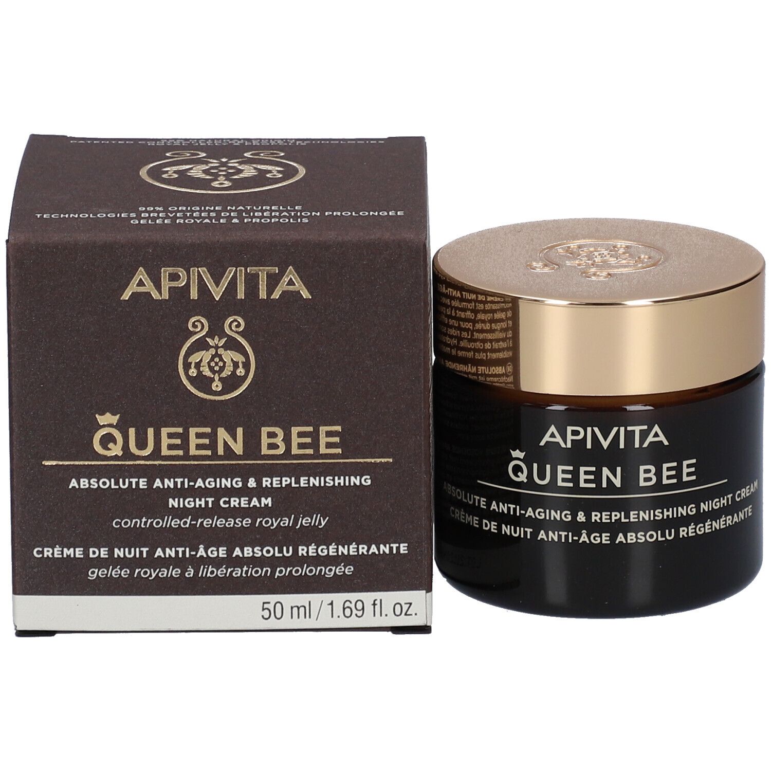 Produktverpackung: Schachtel und Creme-Dose. Aufschrift: APIVITA QUEEN BEE. Anti-Aging Nachtcreme. 50 ml.