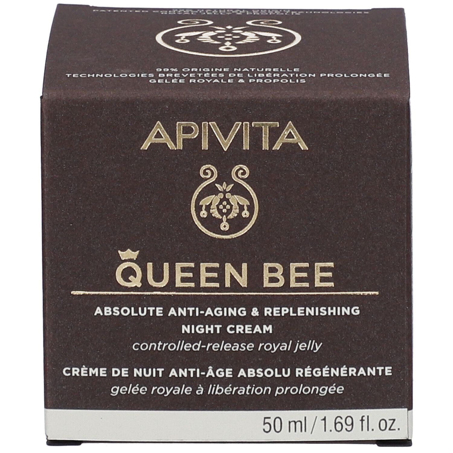 Produktverpackung: Schachtel. Aufschrift: APIVITA QUEEN BEE. Anti-Aging Nachtcreme. 50 ml.