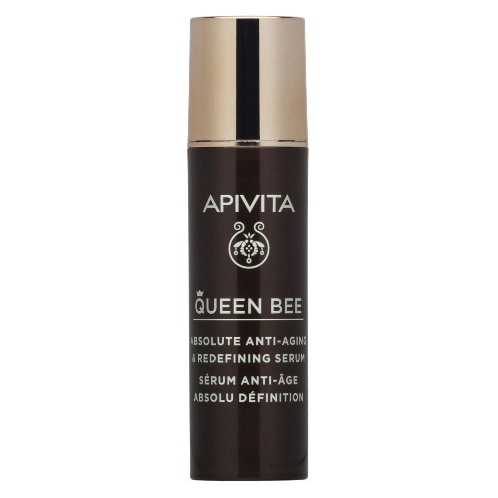 Donkere fles met gouden dop. Opschrift: APIVITA QUEEN BEE Absolute Anti-Aging Serum Definition.