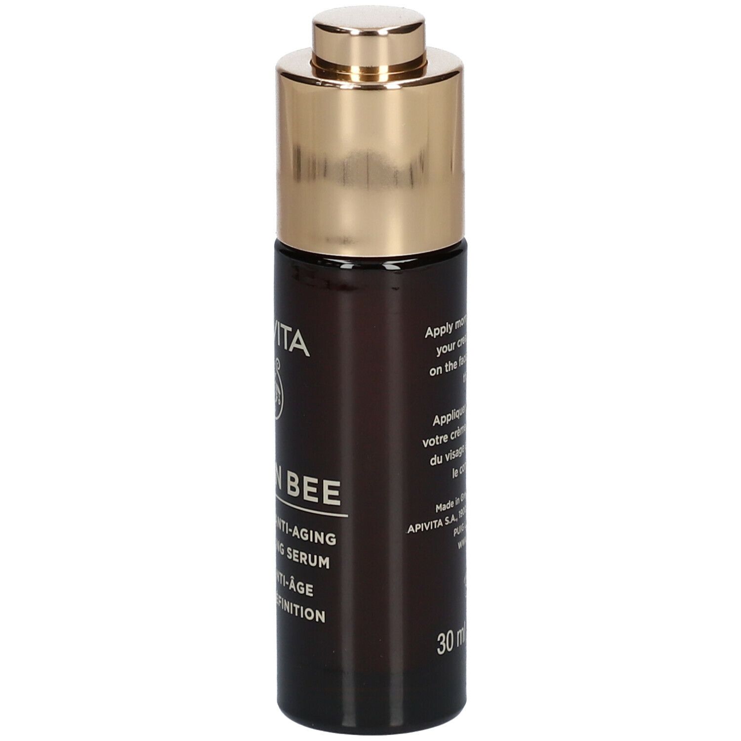 Donkere fles met gouden dop. Opschrift: APIVITA QUEEN BEE Absolute Anti-Aging Serum Definition.