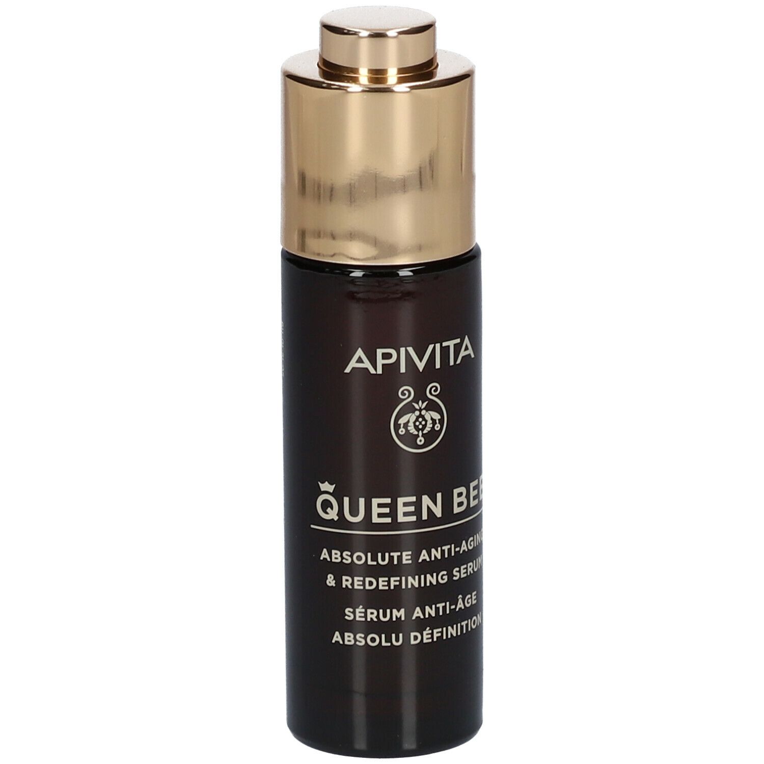 Donkere fles met gouden dop. Opschrift: APIVITA QUEEN BEE Absolute Anti-Aging Serum Definition.