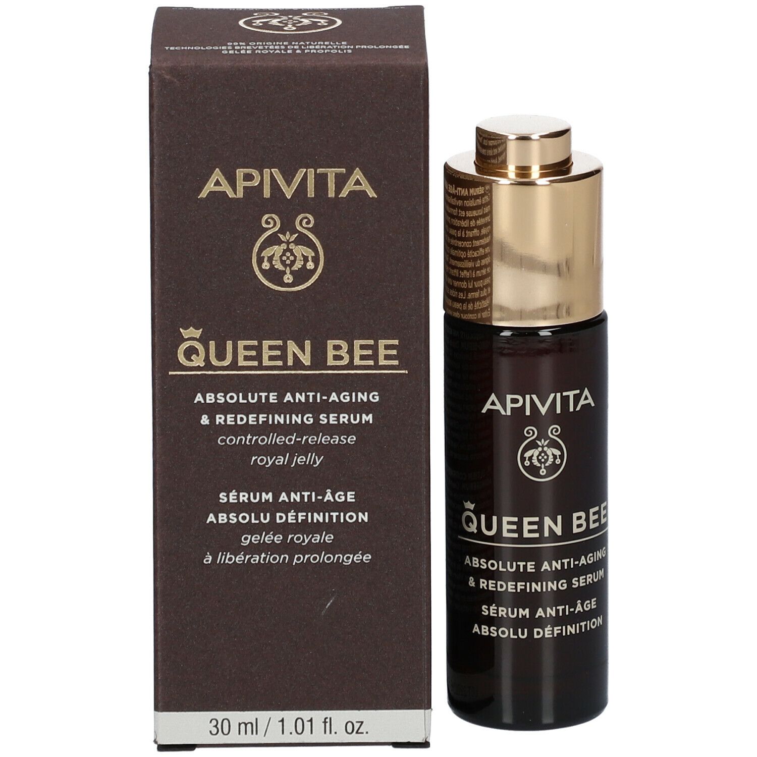Productverpakking met fles en doos. Opschrift: APIVITA QUEEN BEE Absolute Anti-Aging Serum Definition.