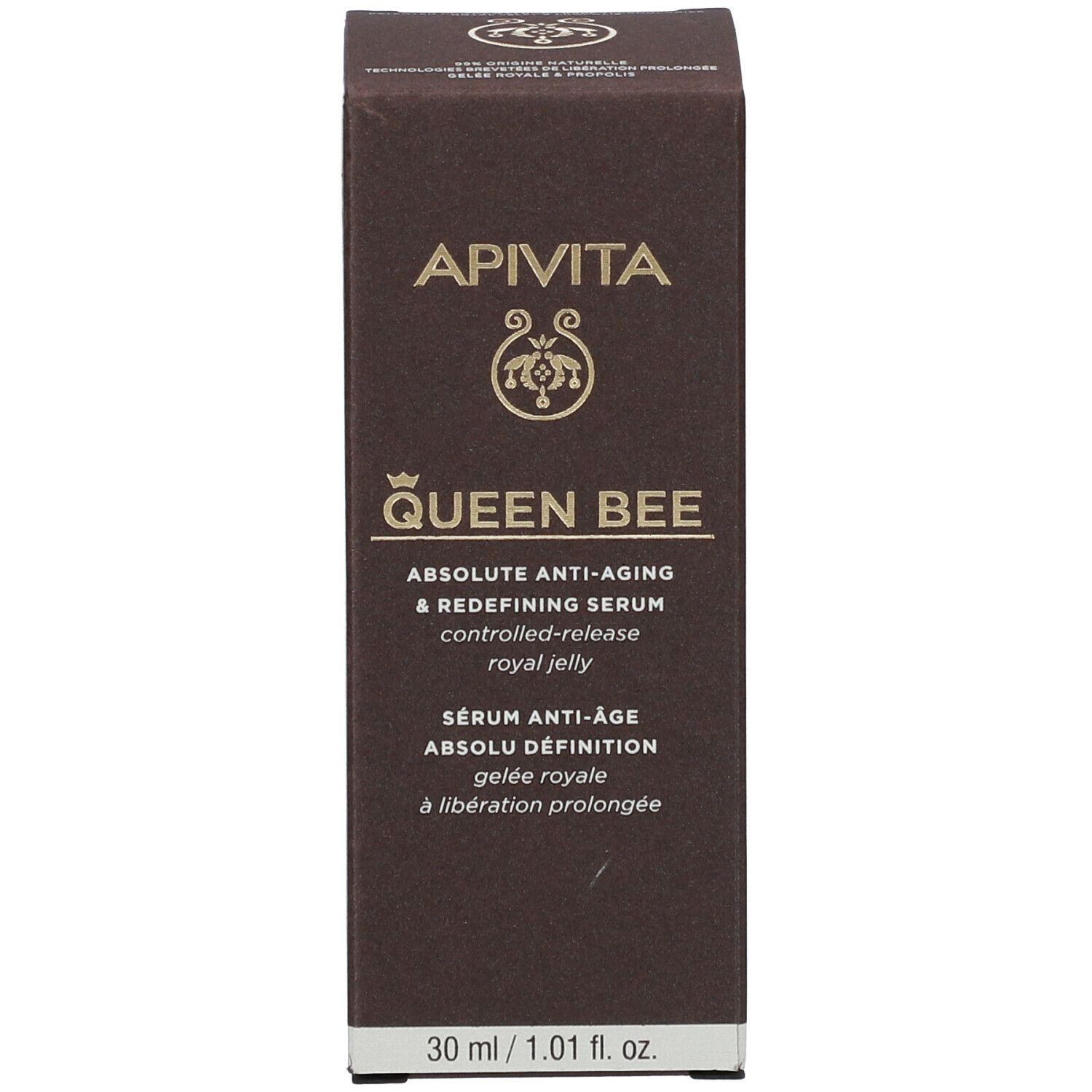 Productverpakking met doos. Opschrift: APIVITA QUEEN BEE Absolute Anti-Aging Serum Definition.
