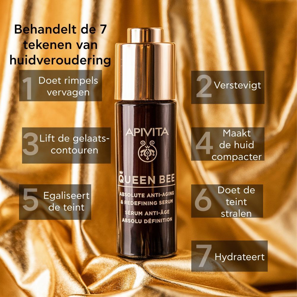 Productafbeelding met tekst en grafiek. Toont 7 tekenen van huidveroudering.