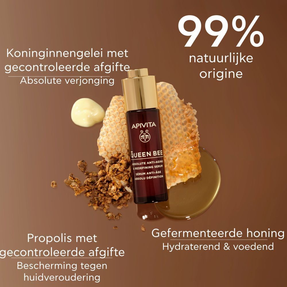 Productafbeelding met ingrediënten. Toont honing, koninginnengelei en propolis.