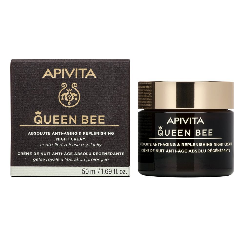 Productverpakking: pot en doos. Opschrift: APIVITA Queen Bee, nachtcrème.