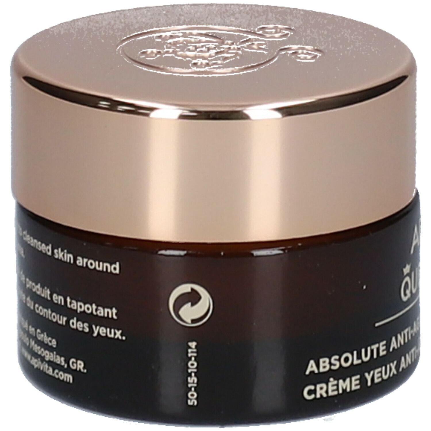 Bruine pot met gouden deksel. Opschrift: APIVITA Queen Bee, anti-aging oogcrème.